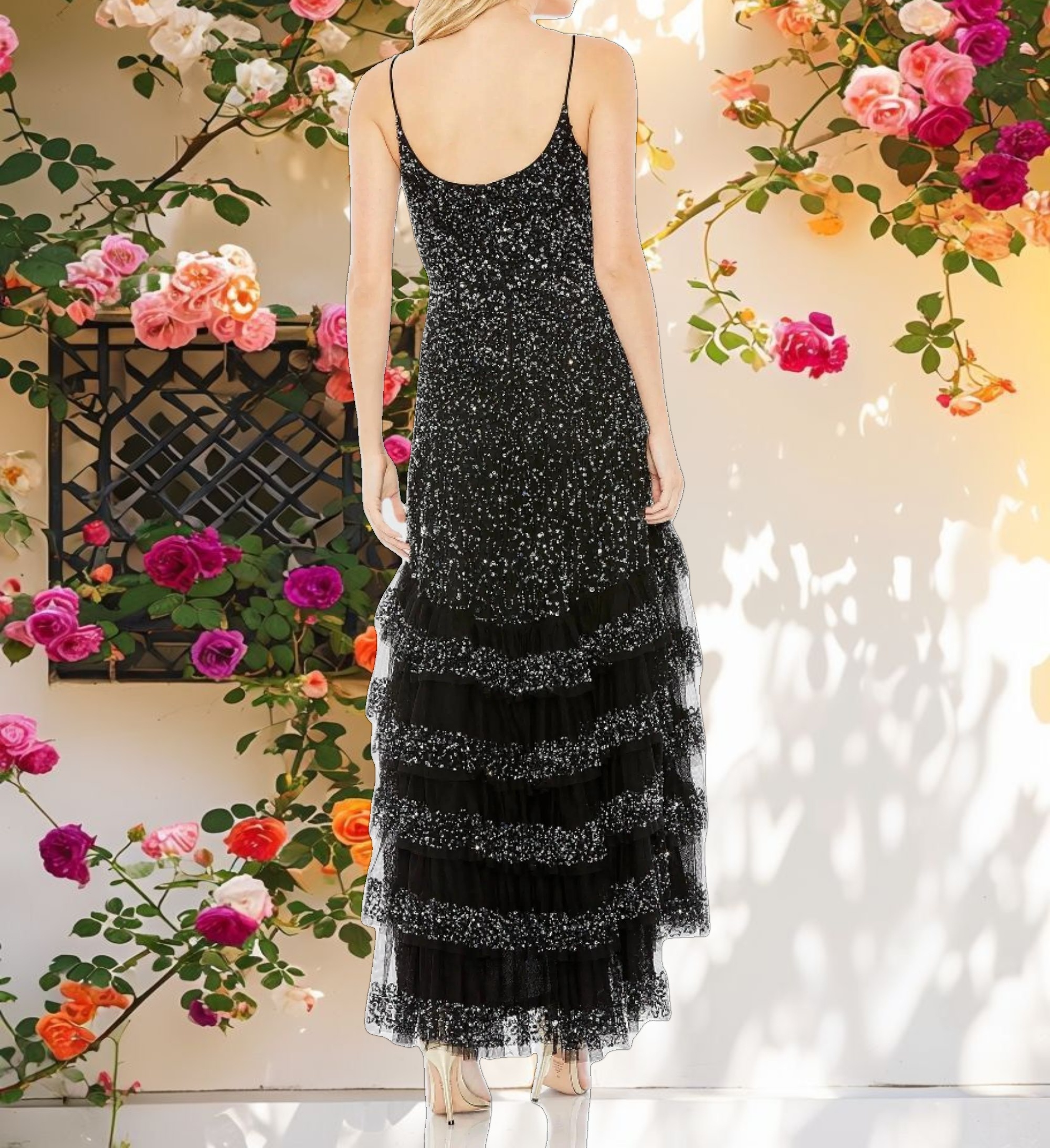 Studded V-Neck Multi-Tiered Dress