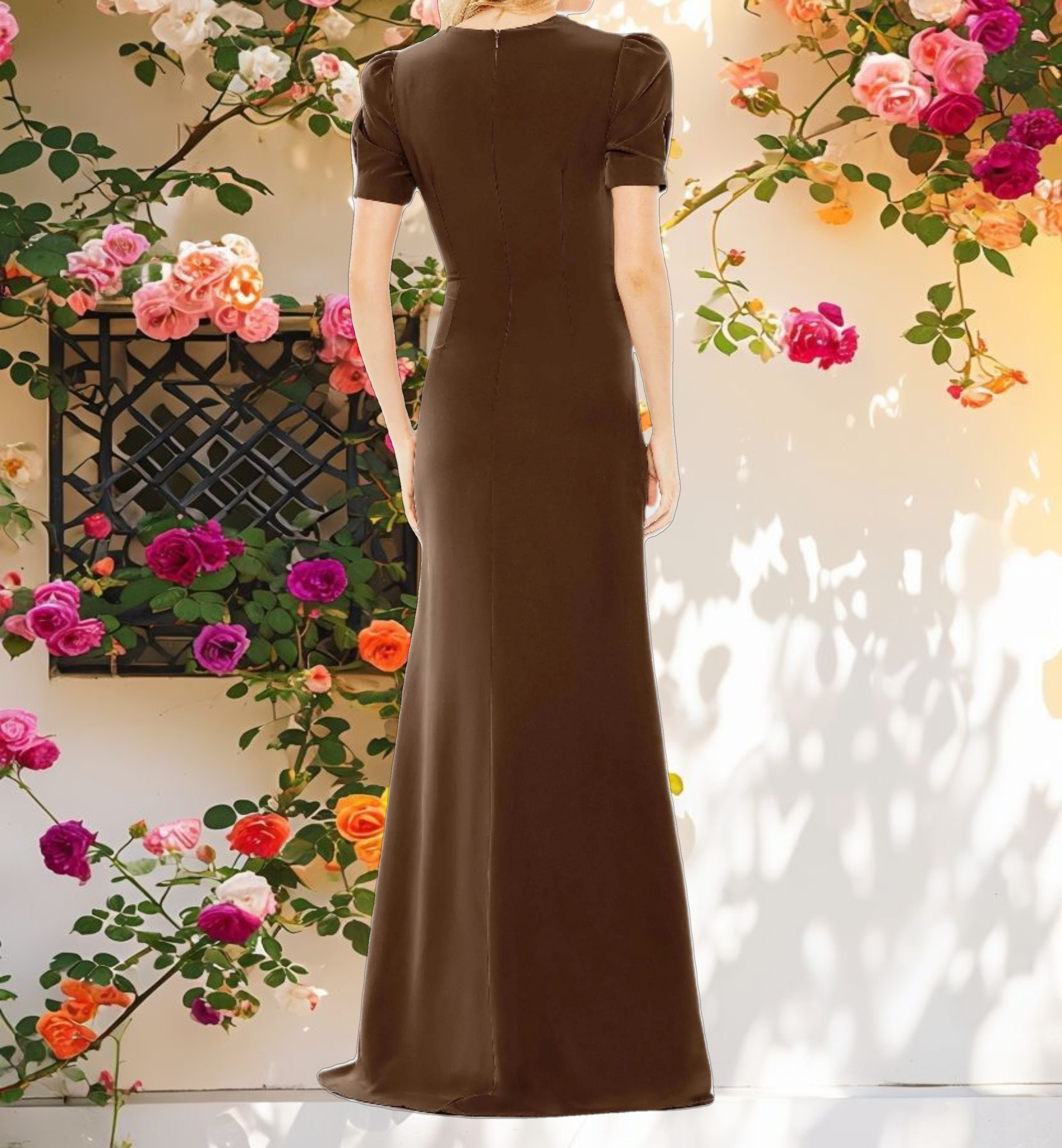 Brown Plunge Neck Puff Sleeve Cut Out Gown