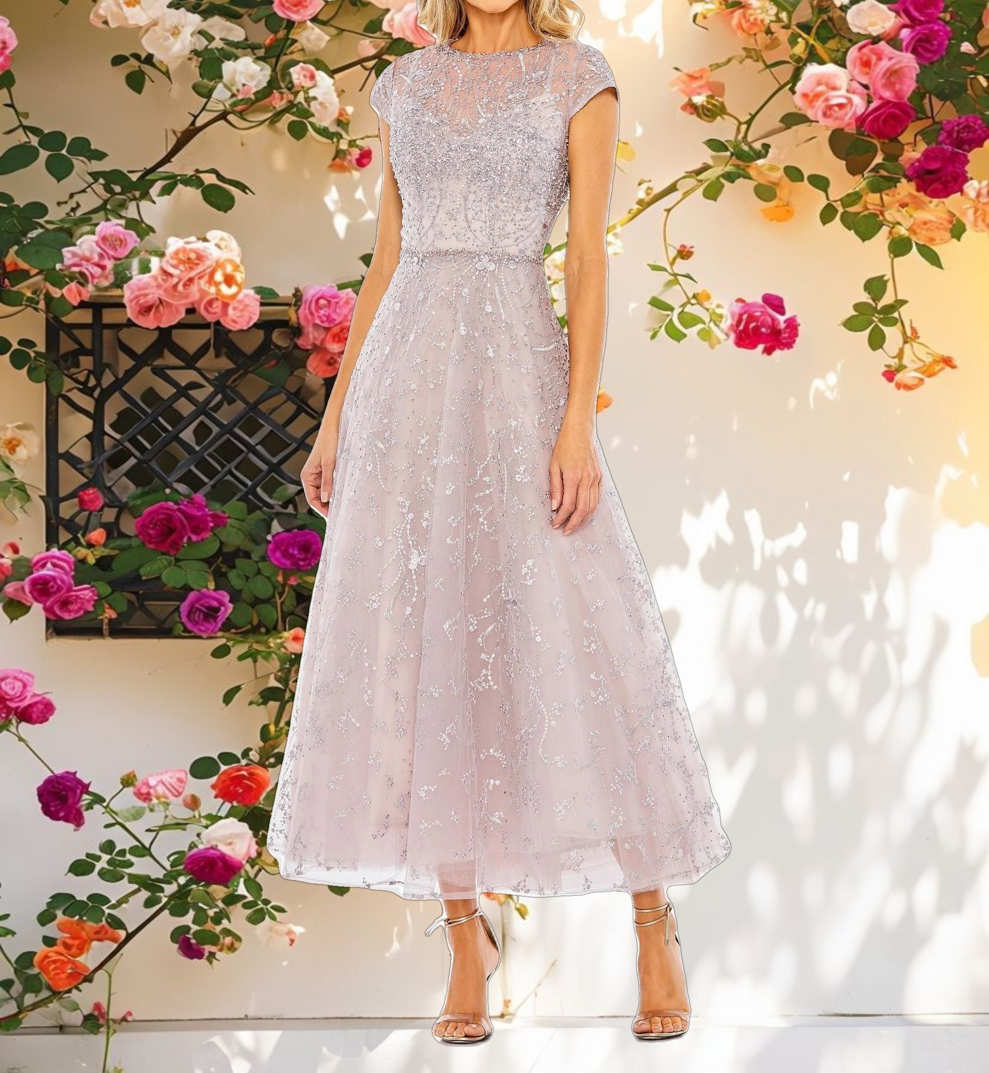 Stitched Decorated High Neck Long Sleeve A Line Dress