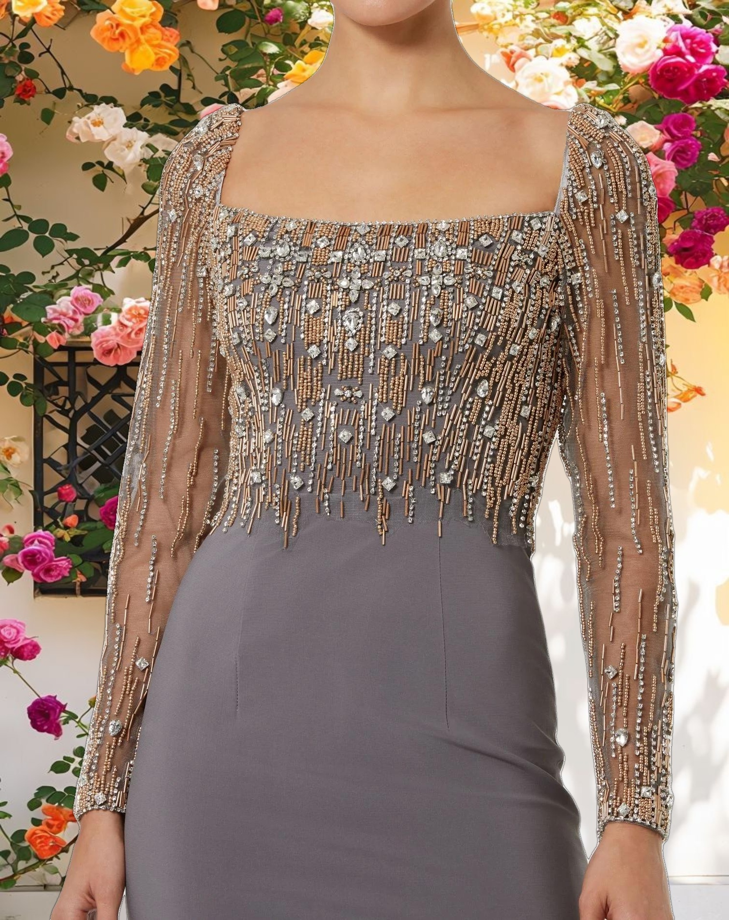Gray Beaded Square Neck Long Sleeve Jersey Gown