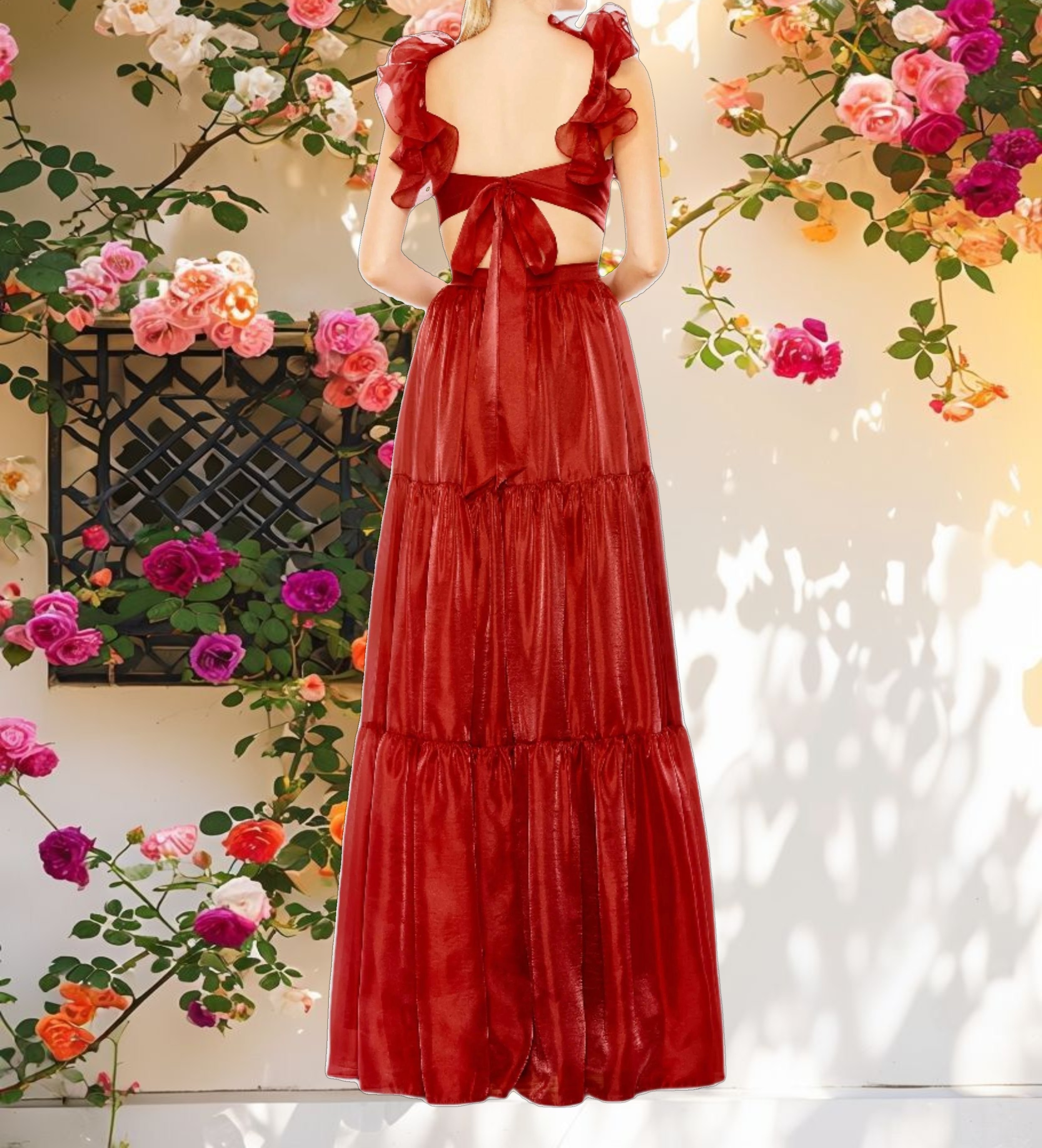 Ruffled Shoulder Cut Out Soft Tie Back Tiered Gown