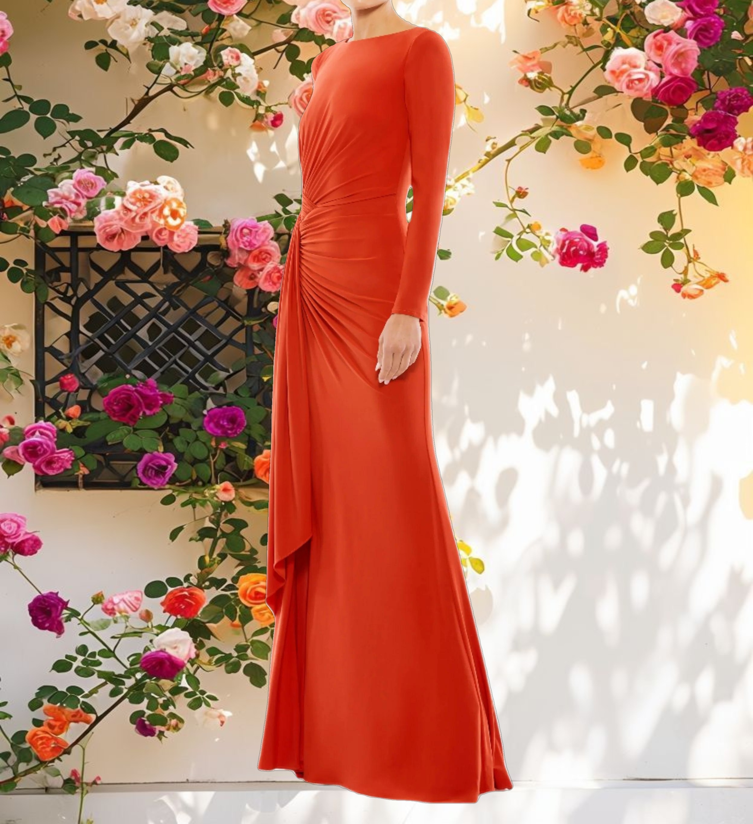 Orange Ruched Long Sleeve Cowl Neck Gown