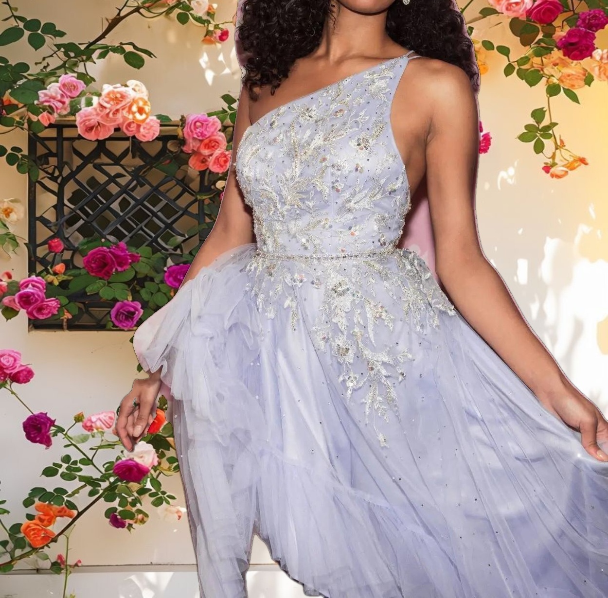 Pink Decorated Open-Shoulder Asymmetrical Hem Dress