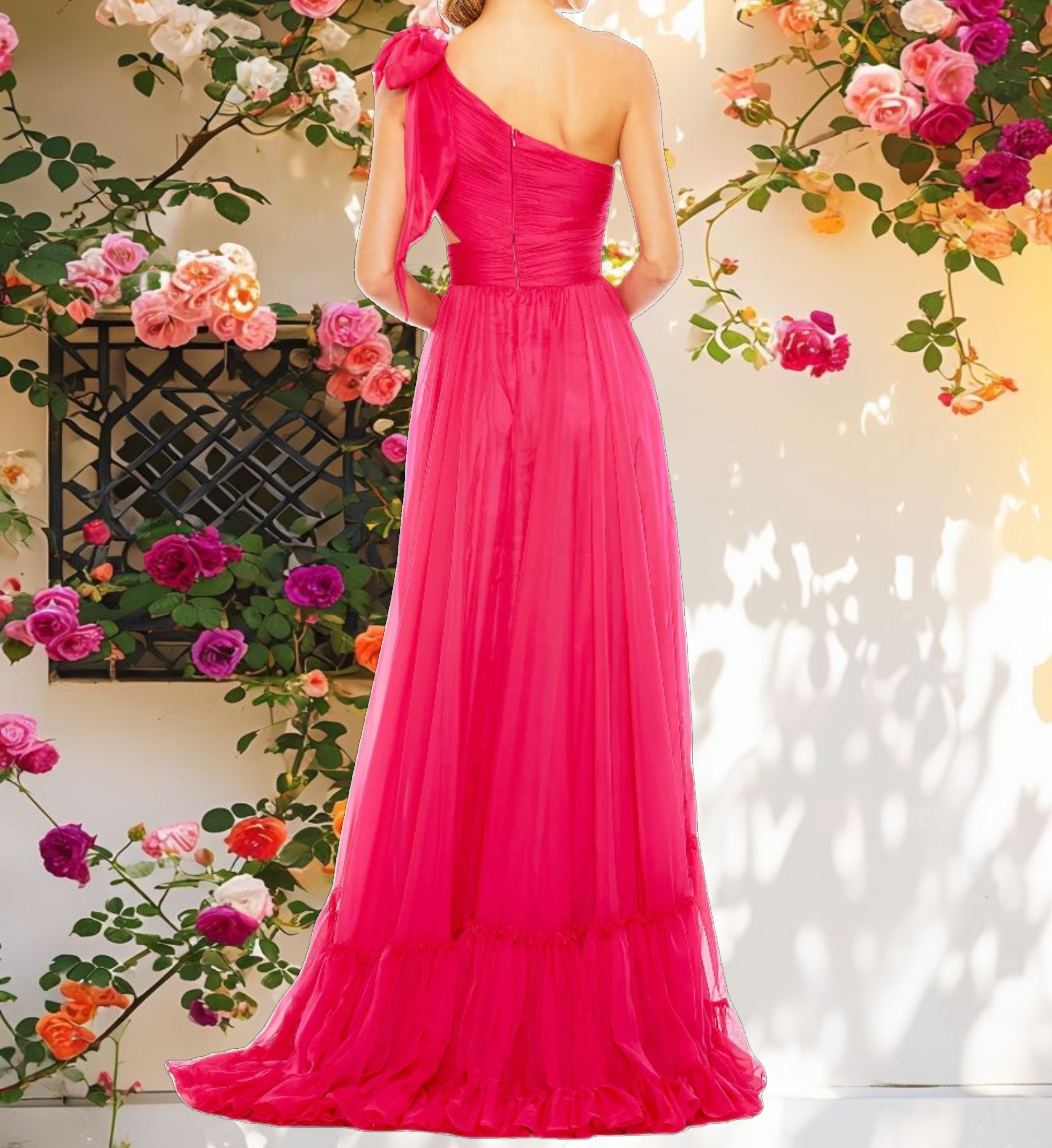 Pink Tiered One Shoulder Ruched Gown