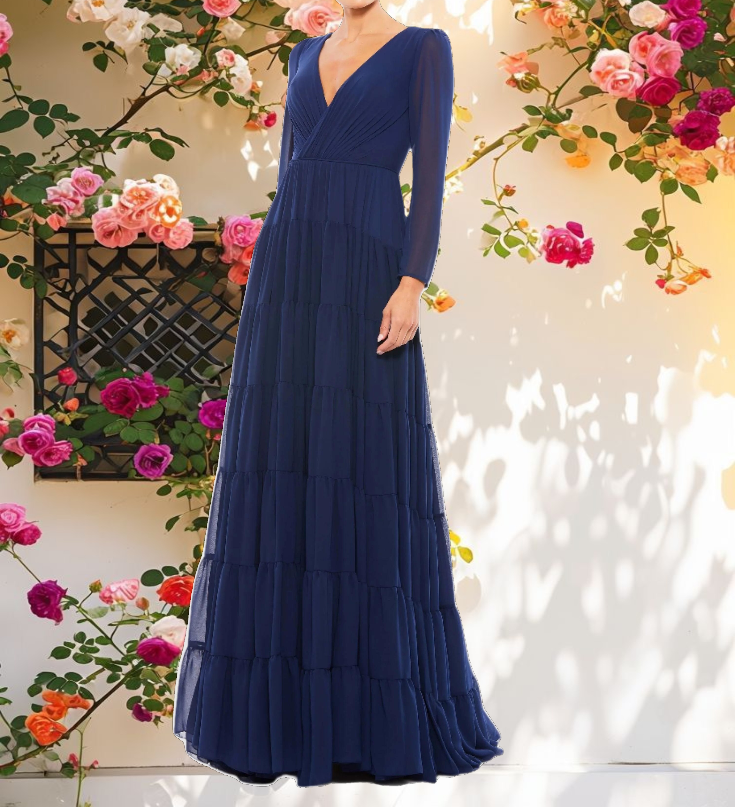 Navy Faux Wrap Illusion Long Sleeve Tiered Gown