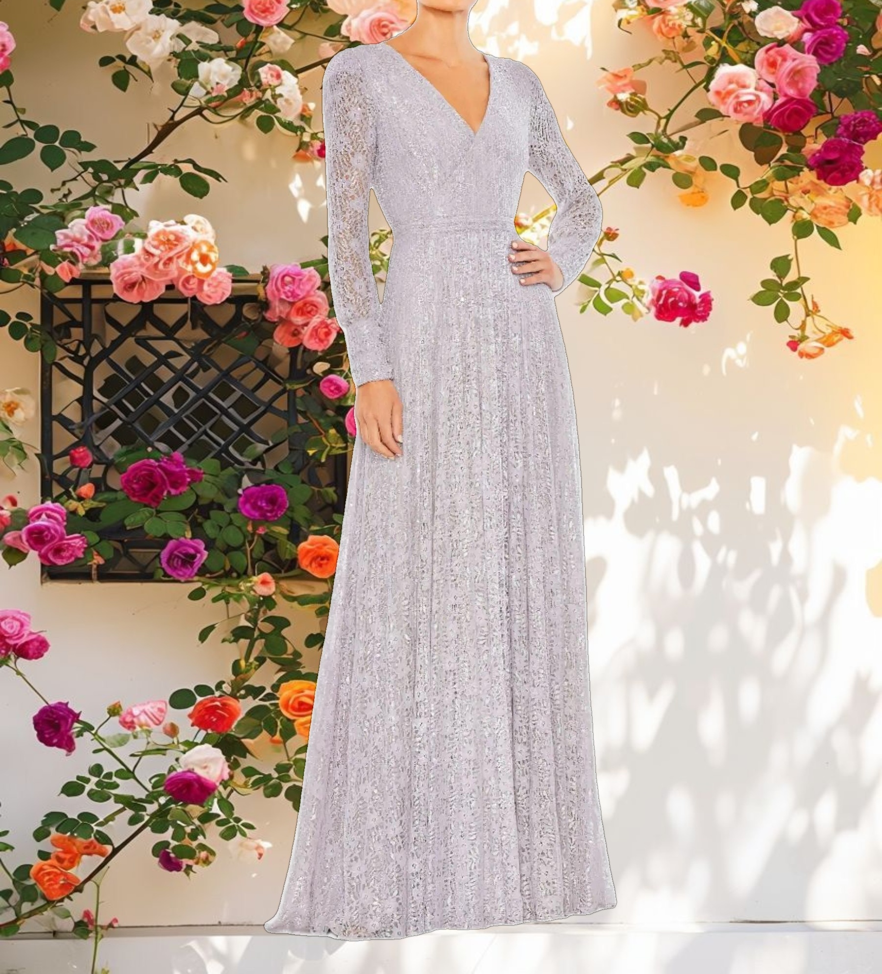 Purple Beaded Lace Long Sleeve Wrap Over Gown