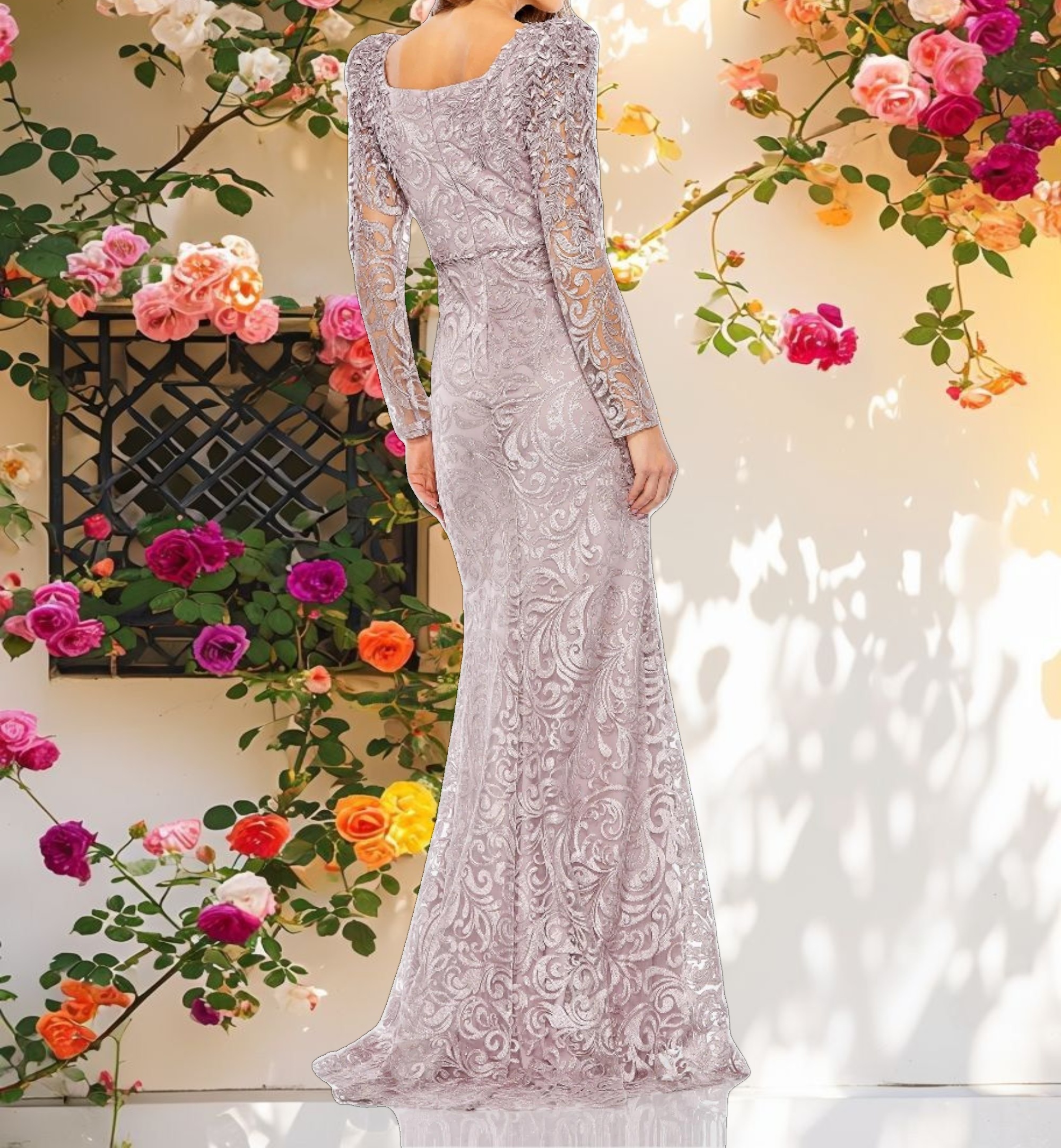 Purple Embroidered Lace Applique Shoulder Detail Trumpet Gown