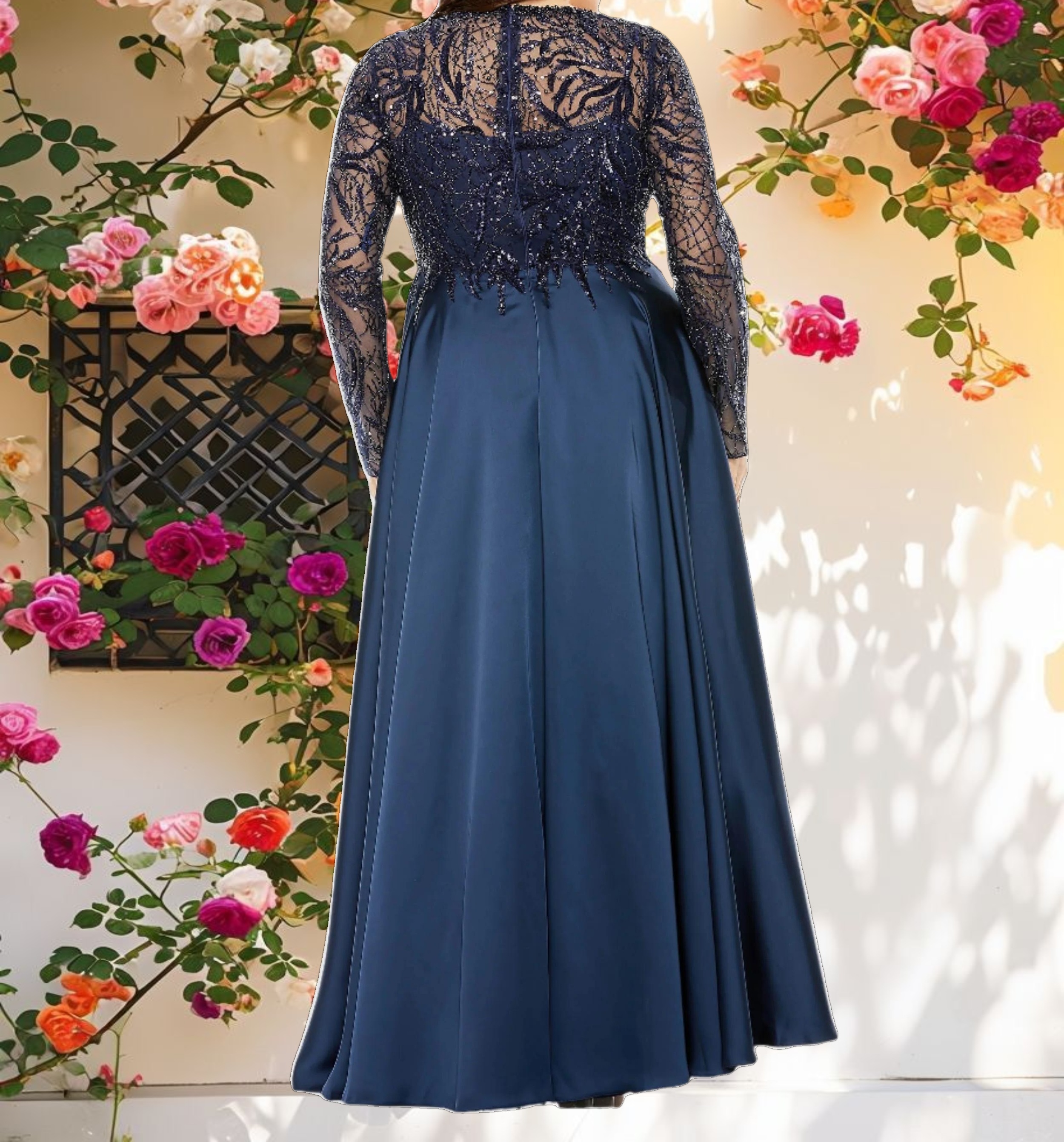 Sheer Long Sleeve Beaded Top Satin Gown