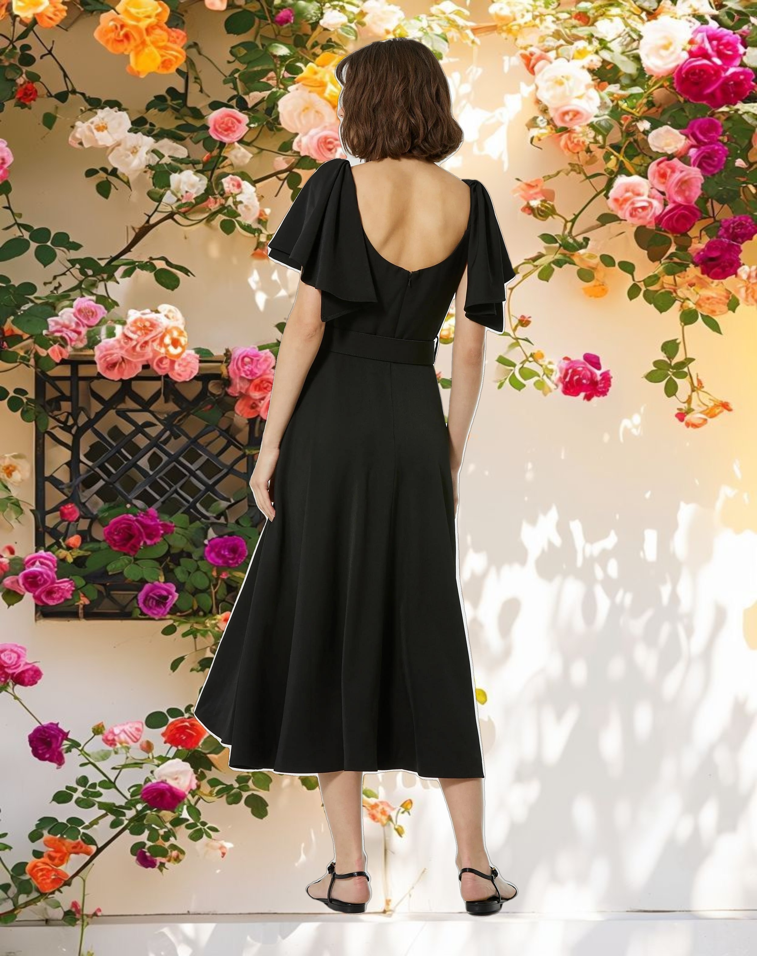 Black Crepe Ruffle Sleeve Midi Dress With Belt
