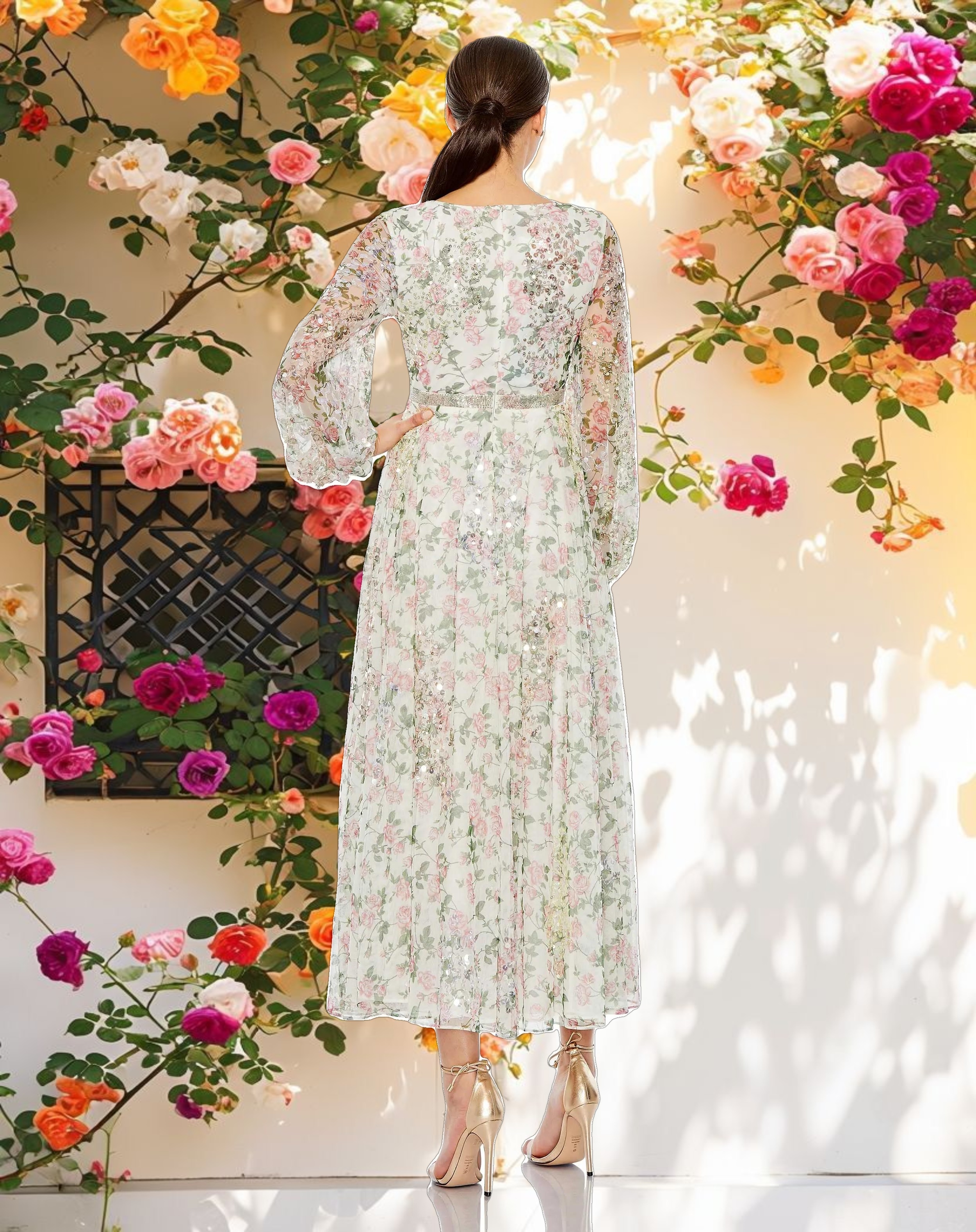 White Embellished Floral Print Faux Wrap A Line Dress