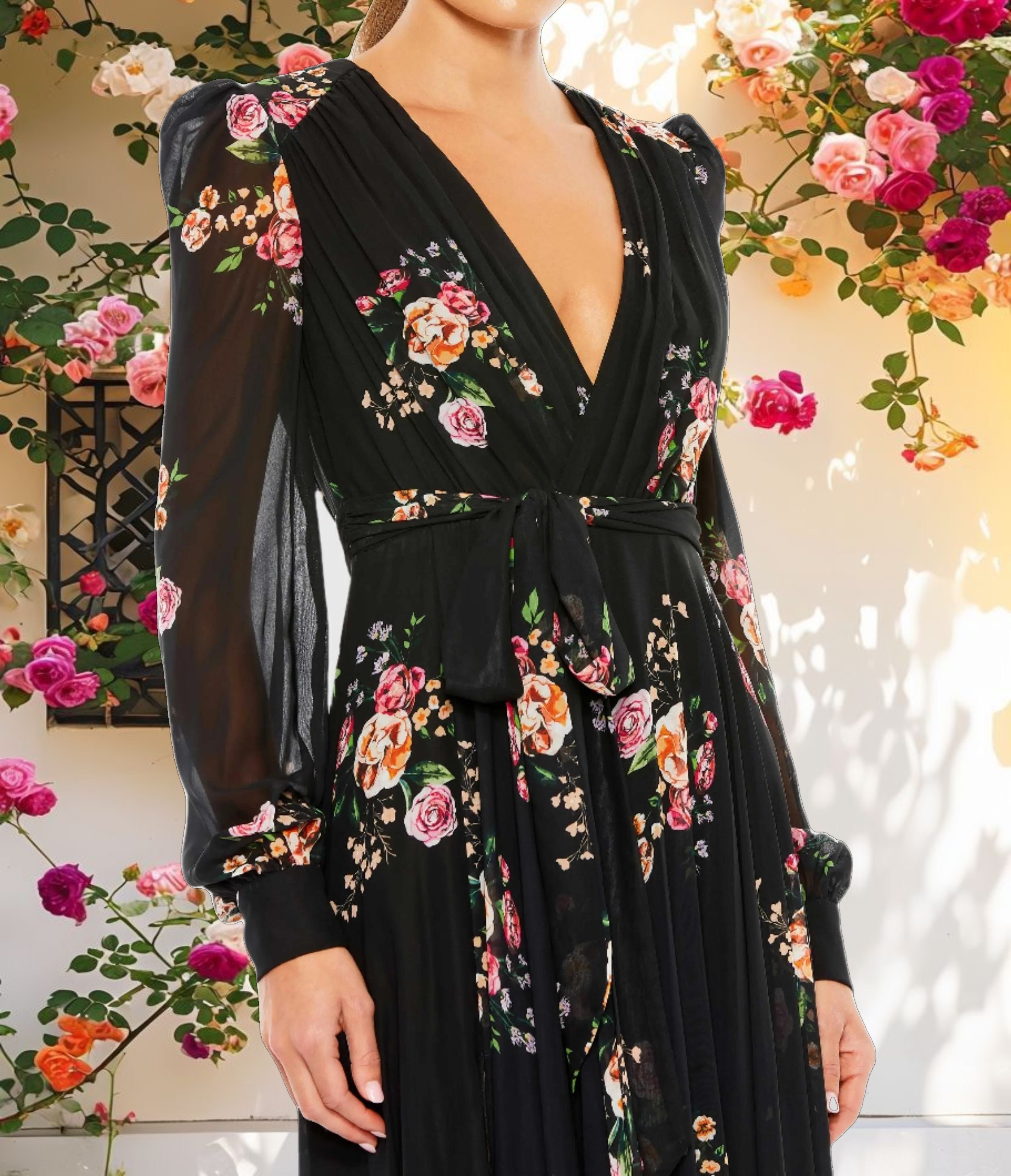Floral Print Belted Long Sleeve Gown
