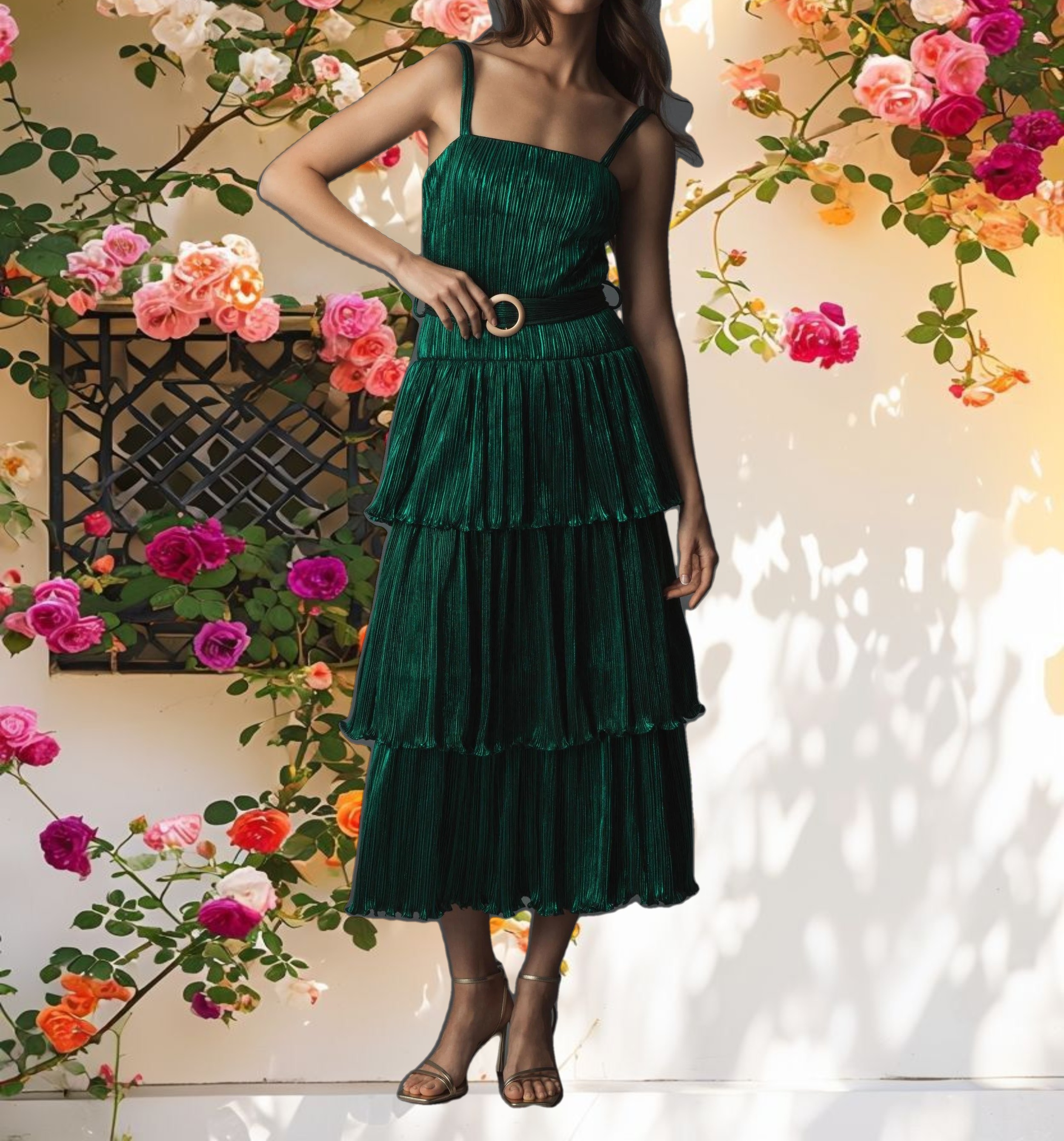 Green Ruffle Tiered Buckle Detail Dress