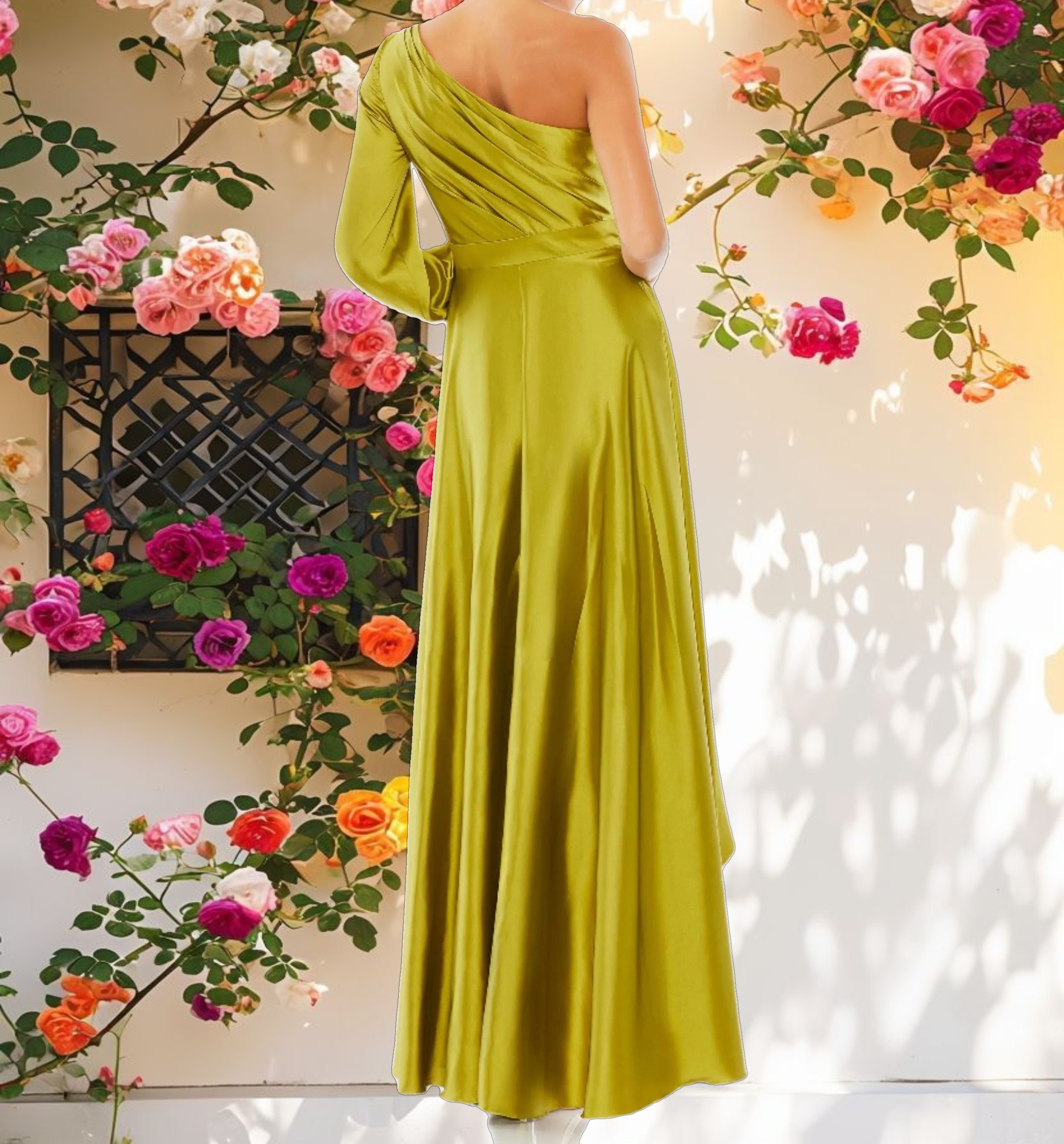 Green High Low One Shoulder Flowy Gown