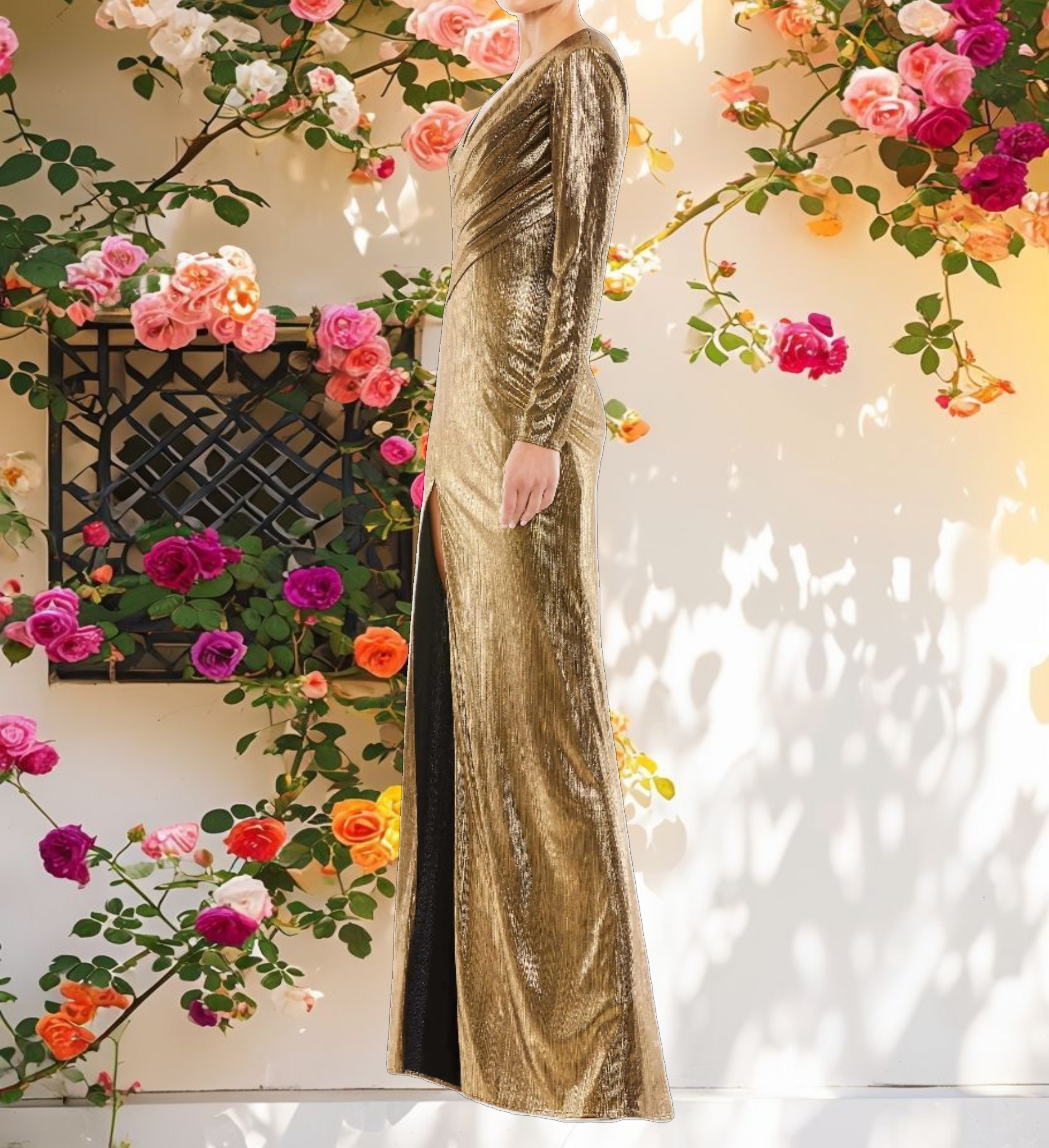 Metallic Long Sleeve Asymmetrical Ruched Gown