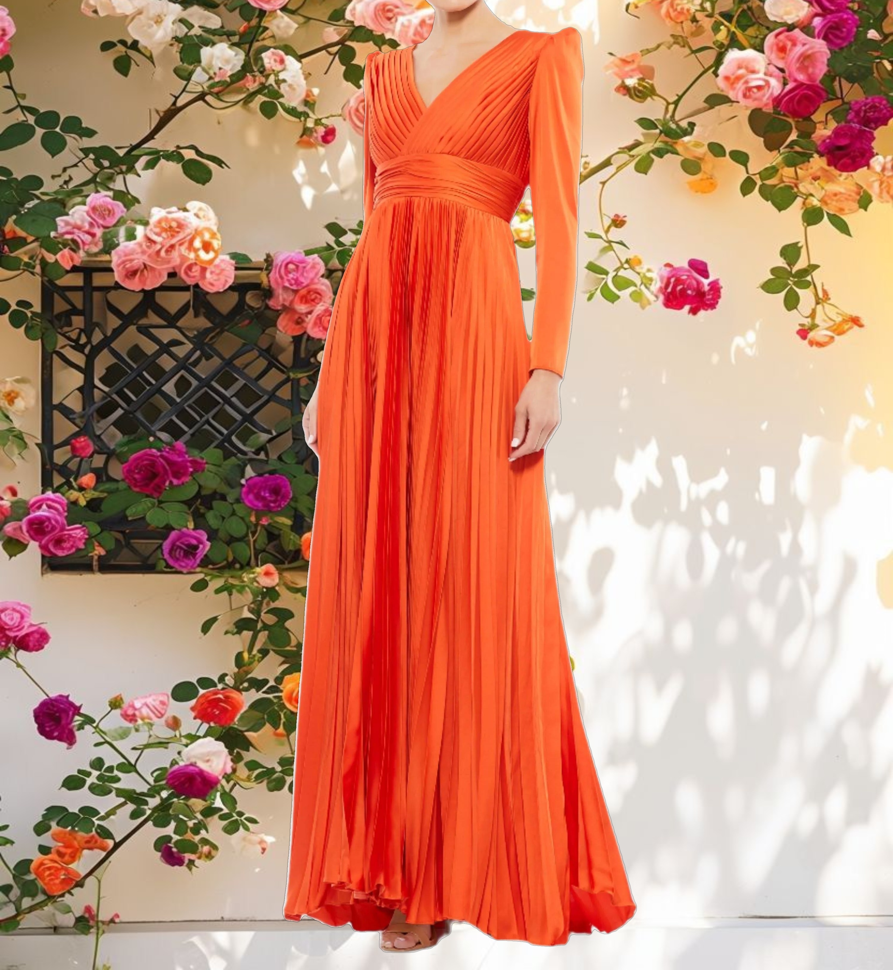 Pink Pleated Long Sleeve V Neck Gown