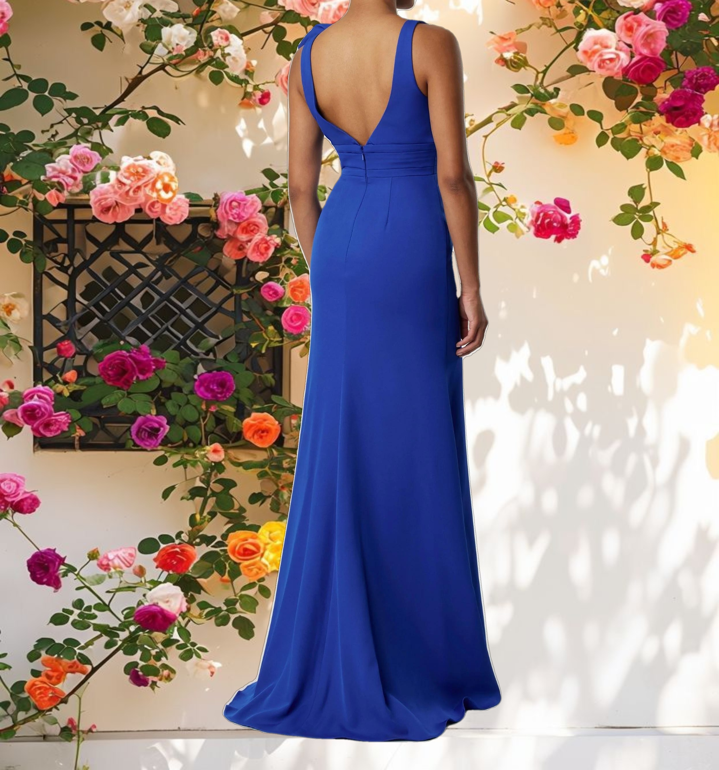 Dark Blue Sleeveless V Neck Bow Detail Mermaid Gown