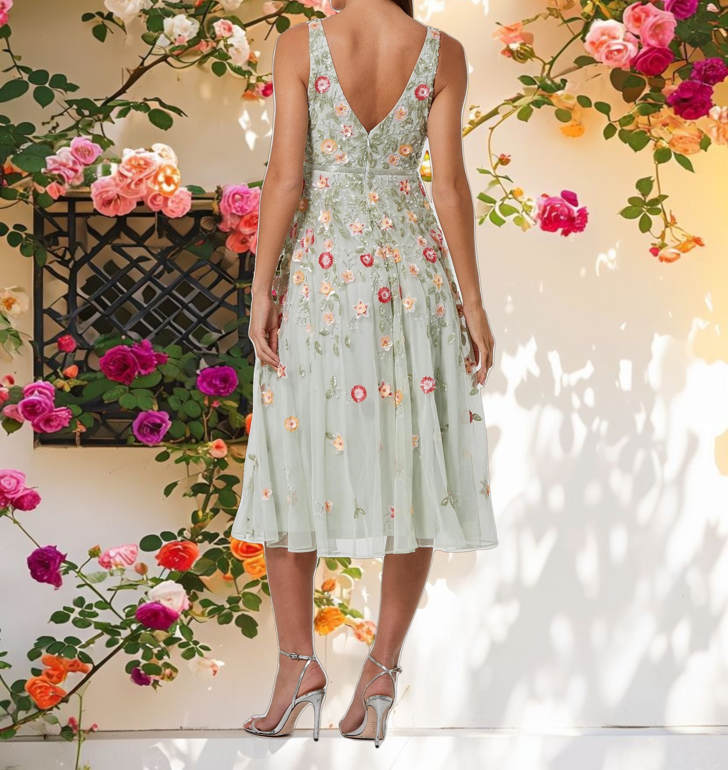 V Neck Sleeveless Midi Floral Beaded A Line Dress