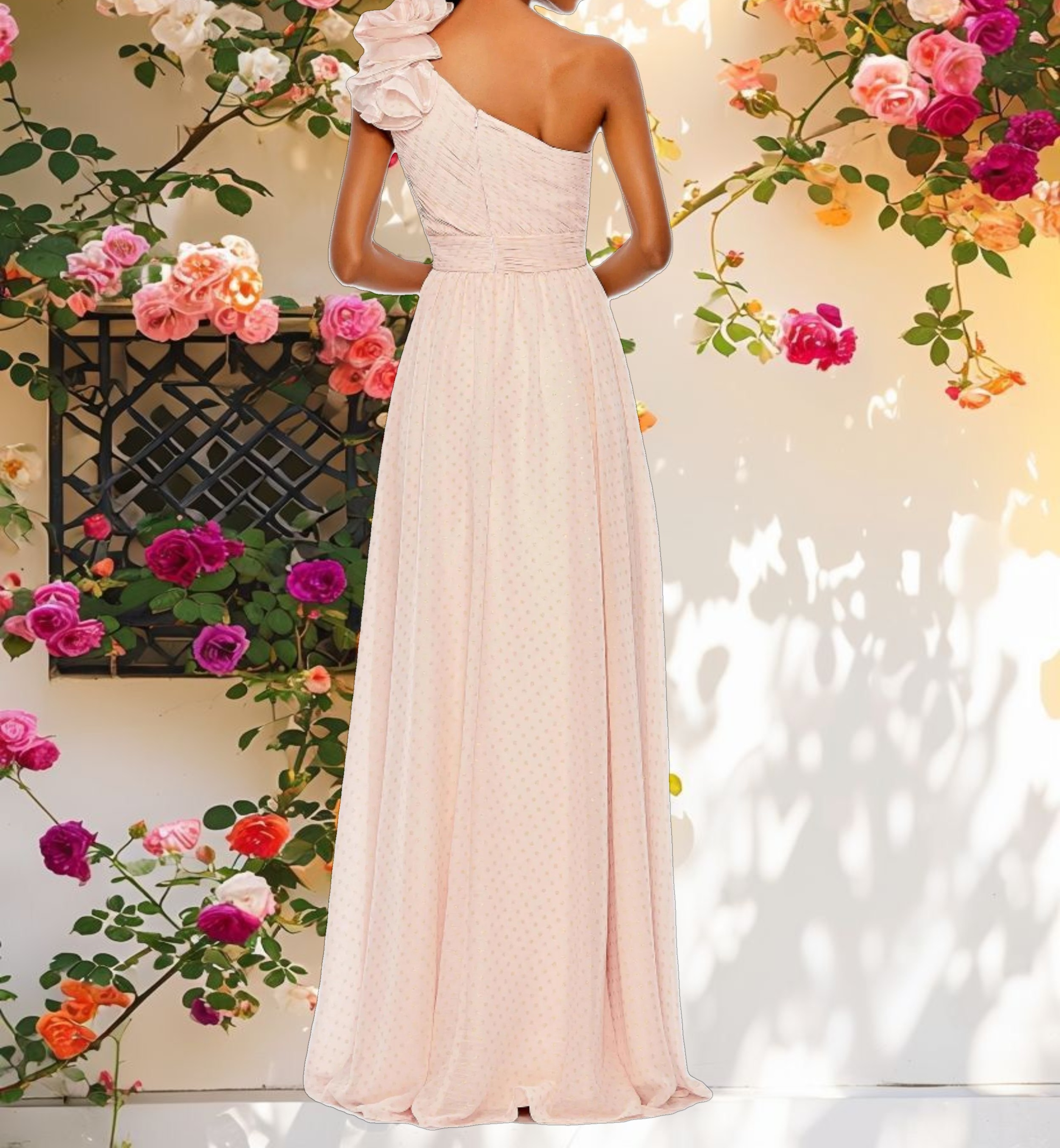 Pink Polka Dot Ruffled One Shoulder Gown