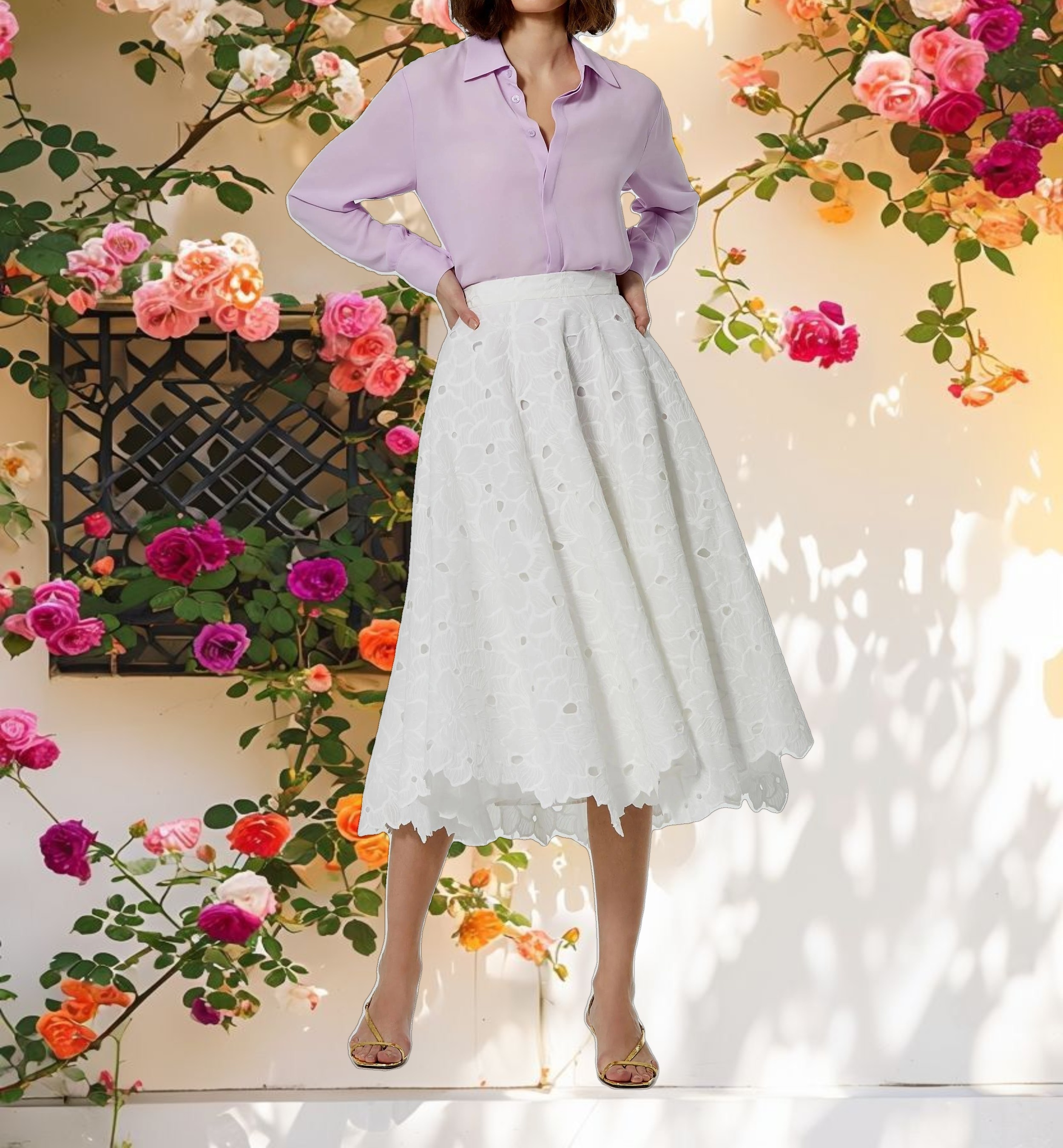 Stitched Bloom A-line Midi Skirt