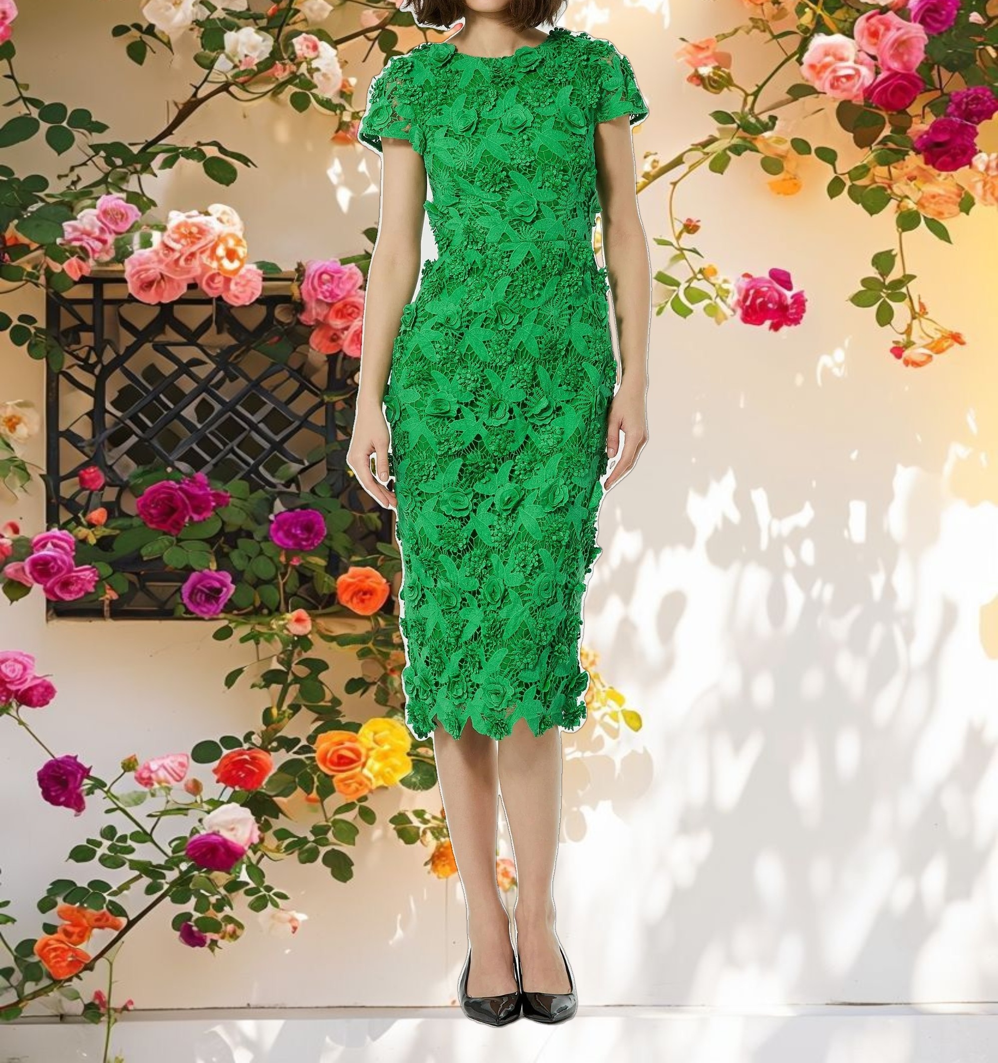 Floral Lace Fitted Midi Dress