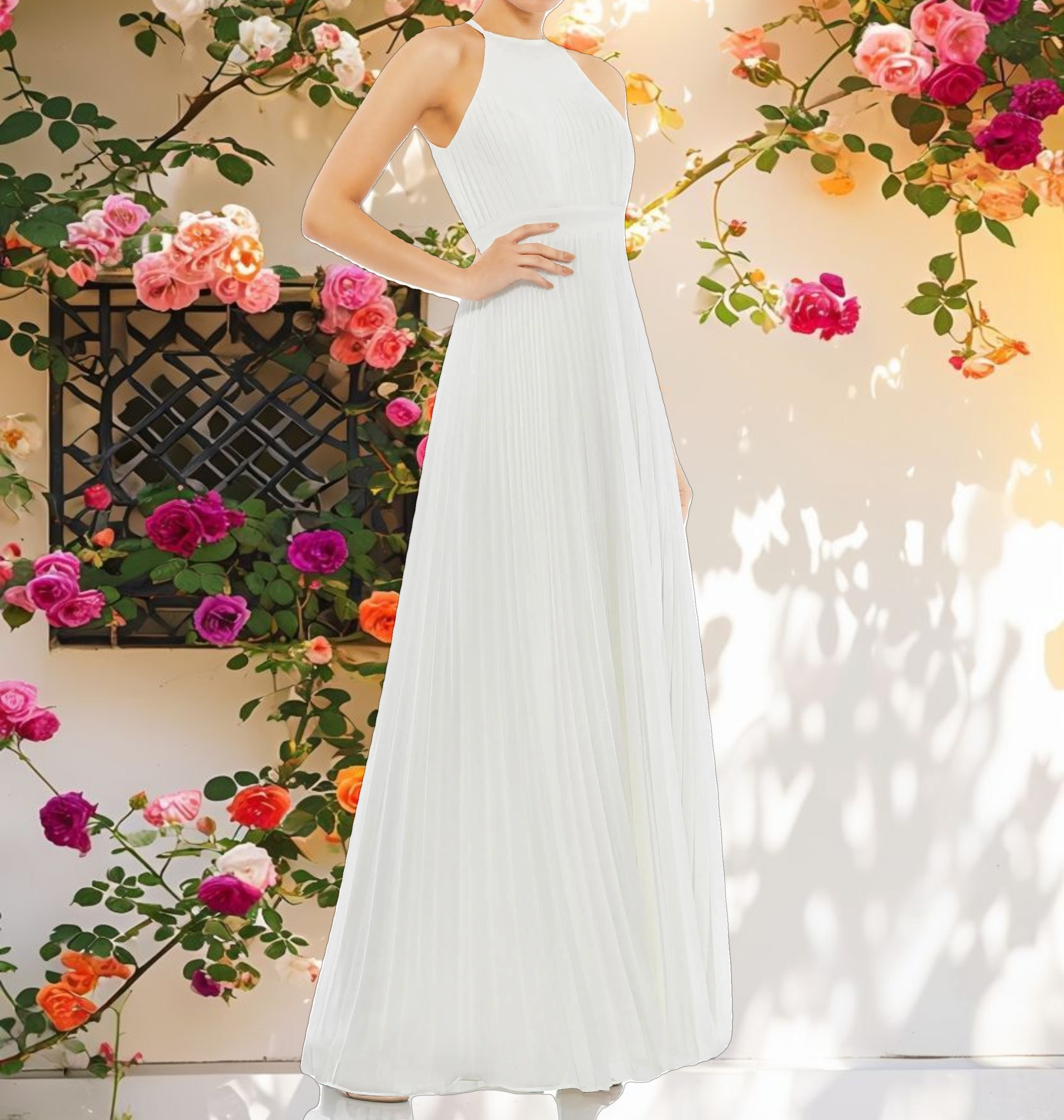 White Flowy Halter Neck Gown