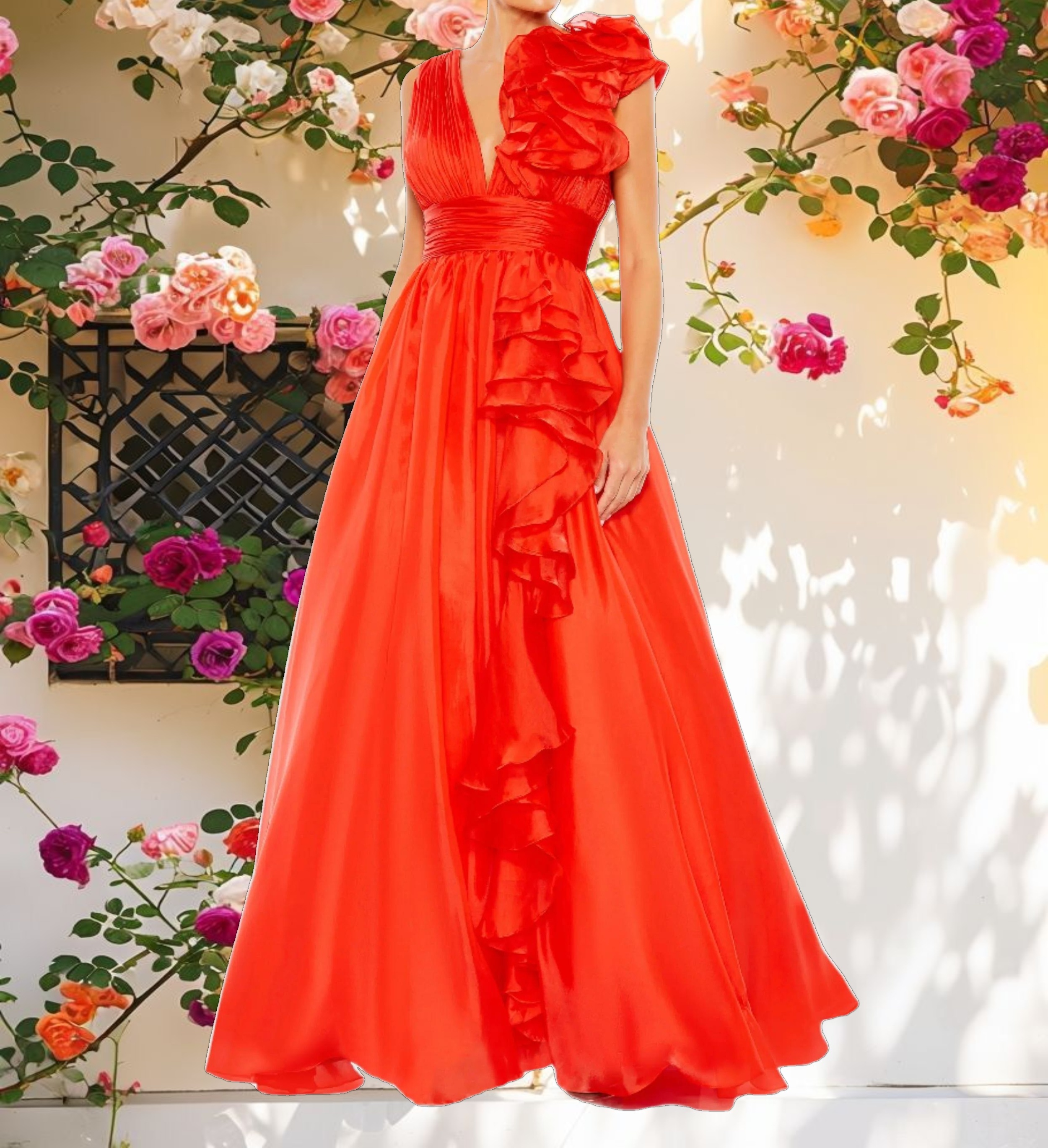 Red Ruffle Shoulder V-Neck Chiffon Gown