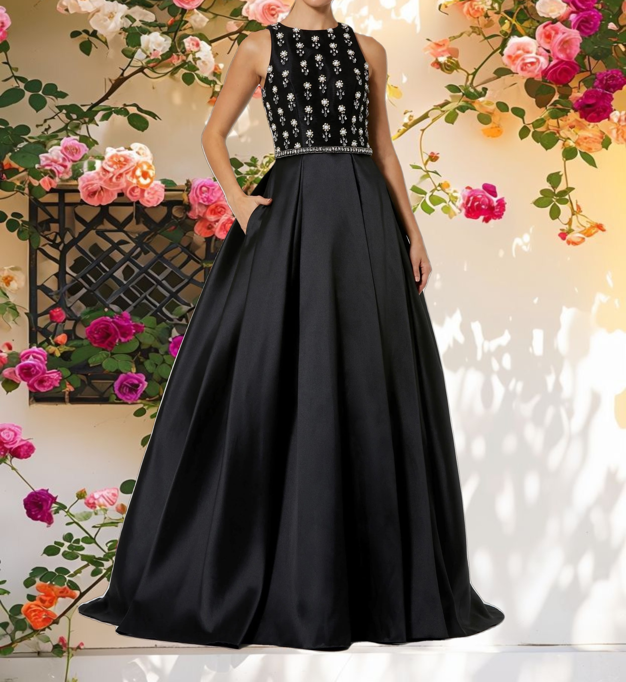High Neck Sleeveless Beaded Ball Gown