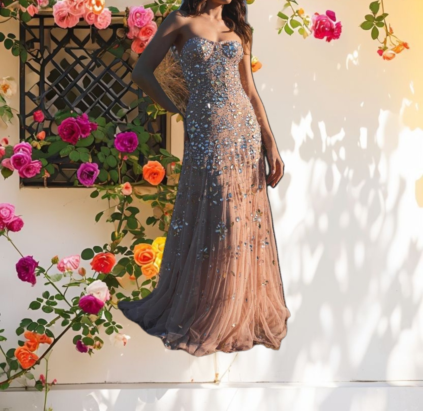 Pink Strapless Sweetheart Embellished Net Gown