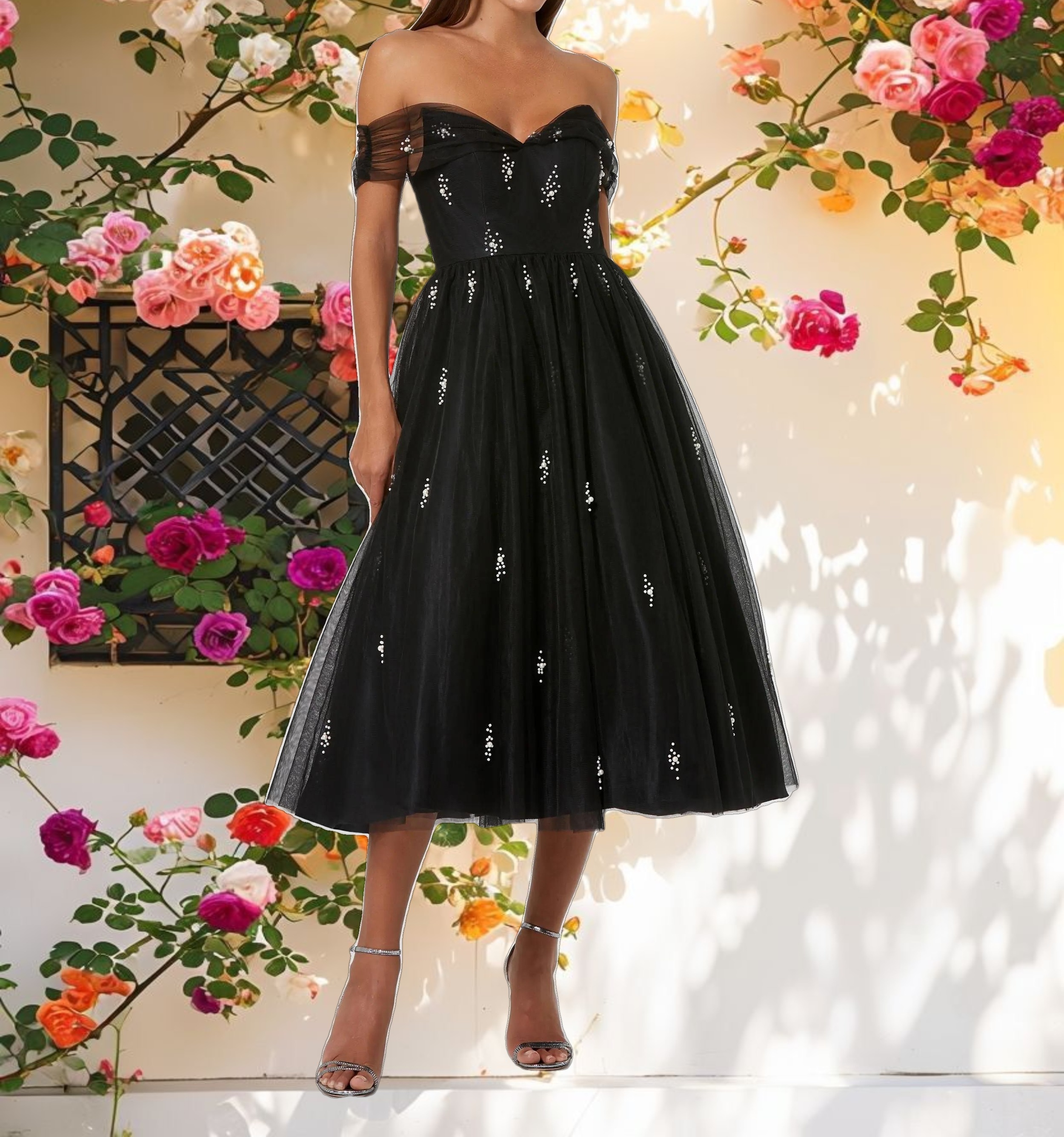 Black Off The Shoulder Embellished Tulle Cocktail Dress