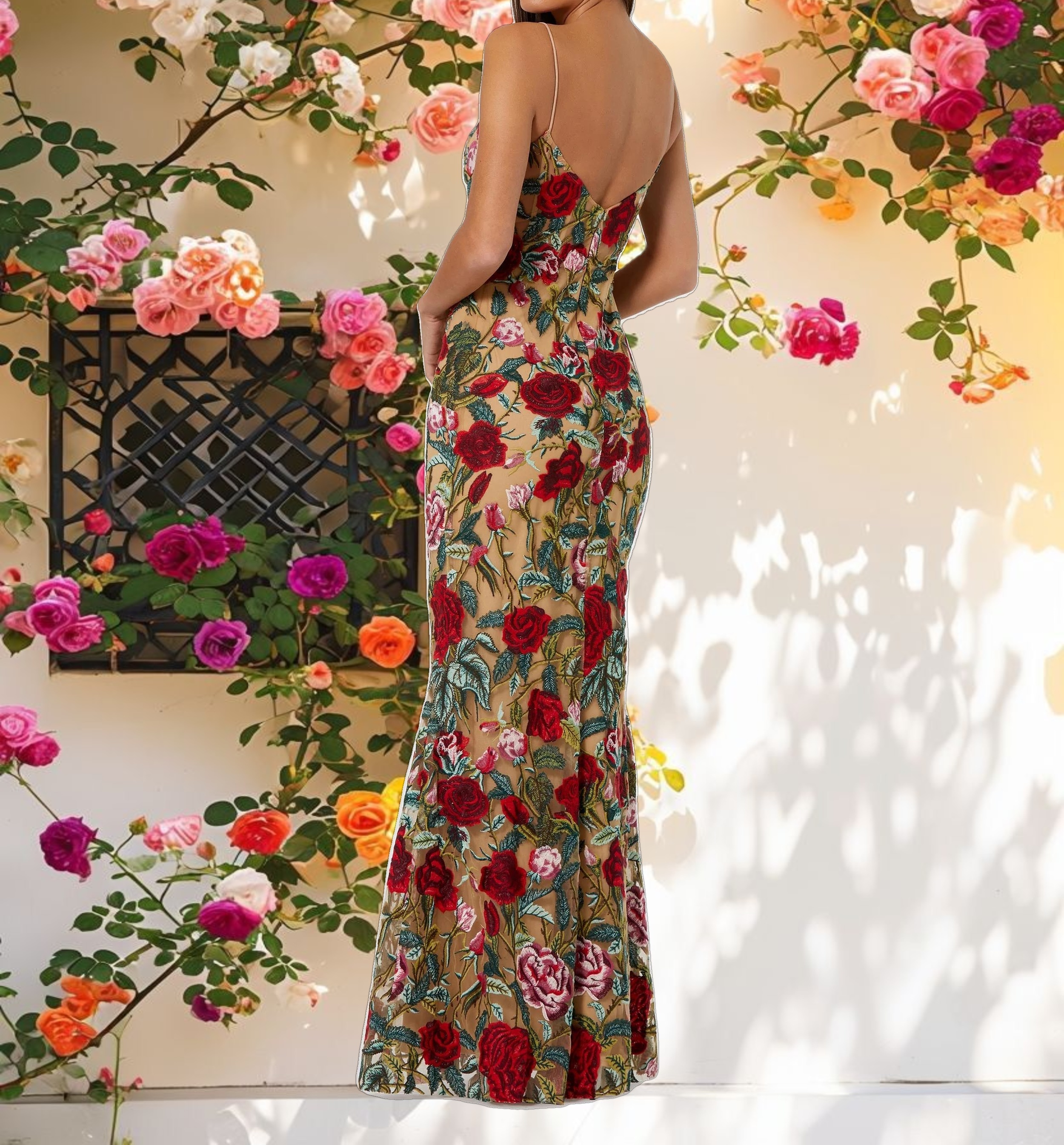 Beige Embroidered Spaghetti Strap Floral Dress