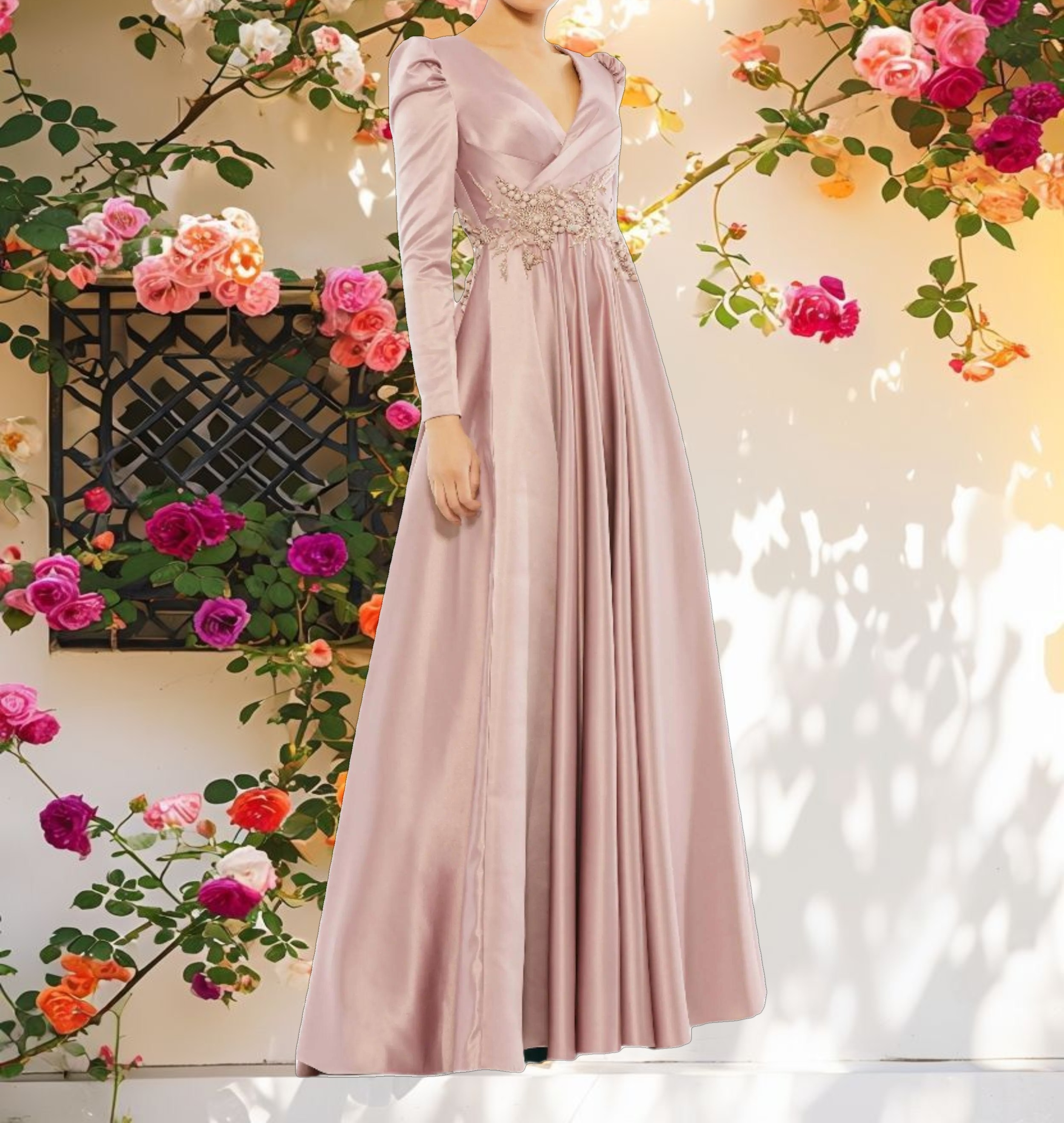 Pink Long Sleeve Decorated Dress