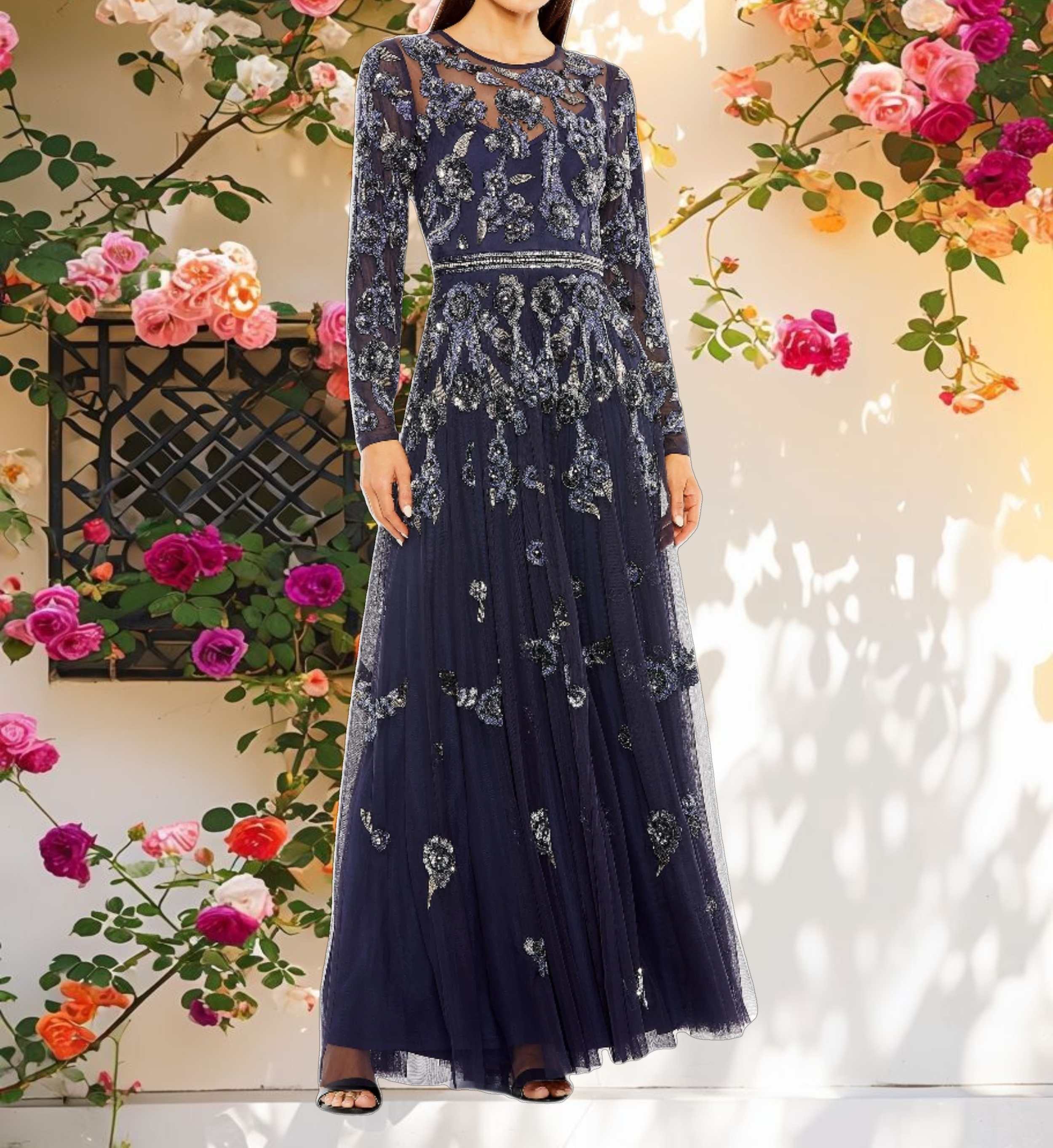 Long Sleeve High Neck Floral Beaded A Line Mesh Gown