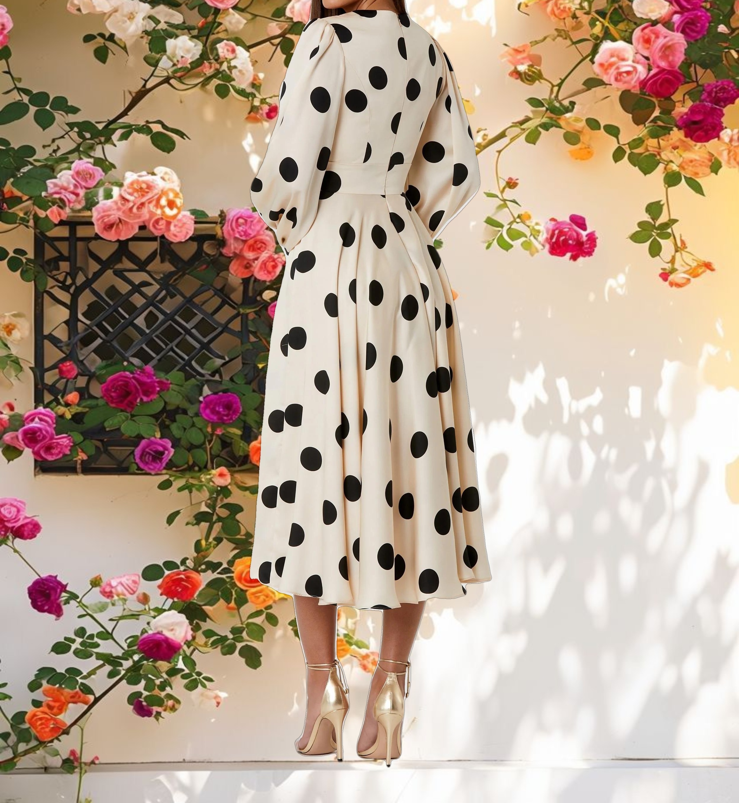Cream Black Polka Dot Charmeuse Long Sleeve V Neck Midi Dress