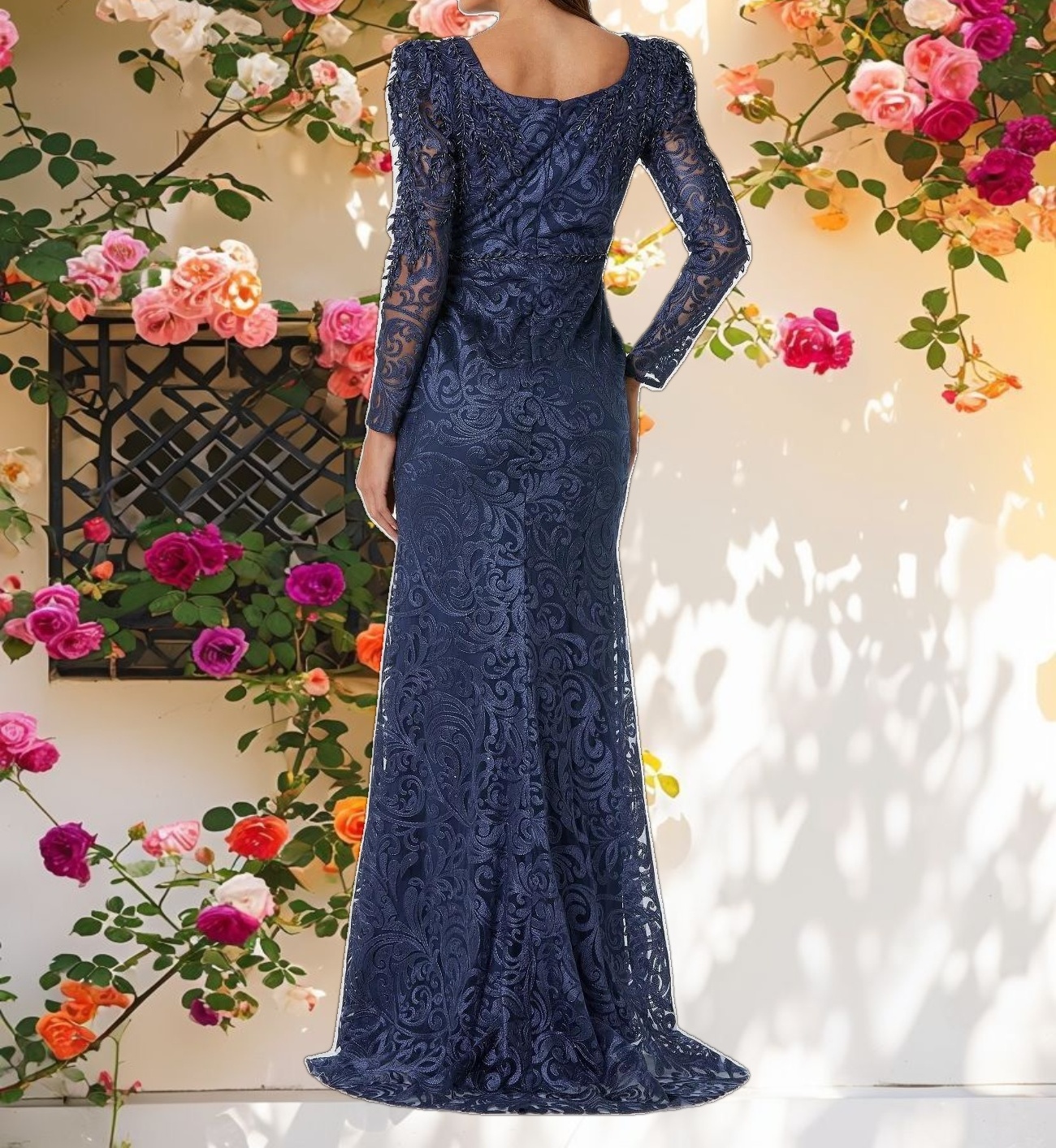 Blue Embroidered Lace Applique Shoulder Detail Trumpet Gown