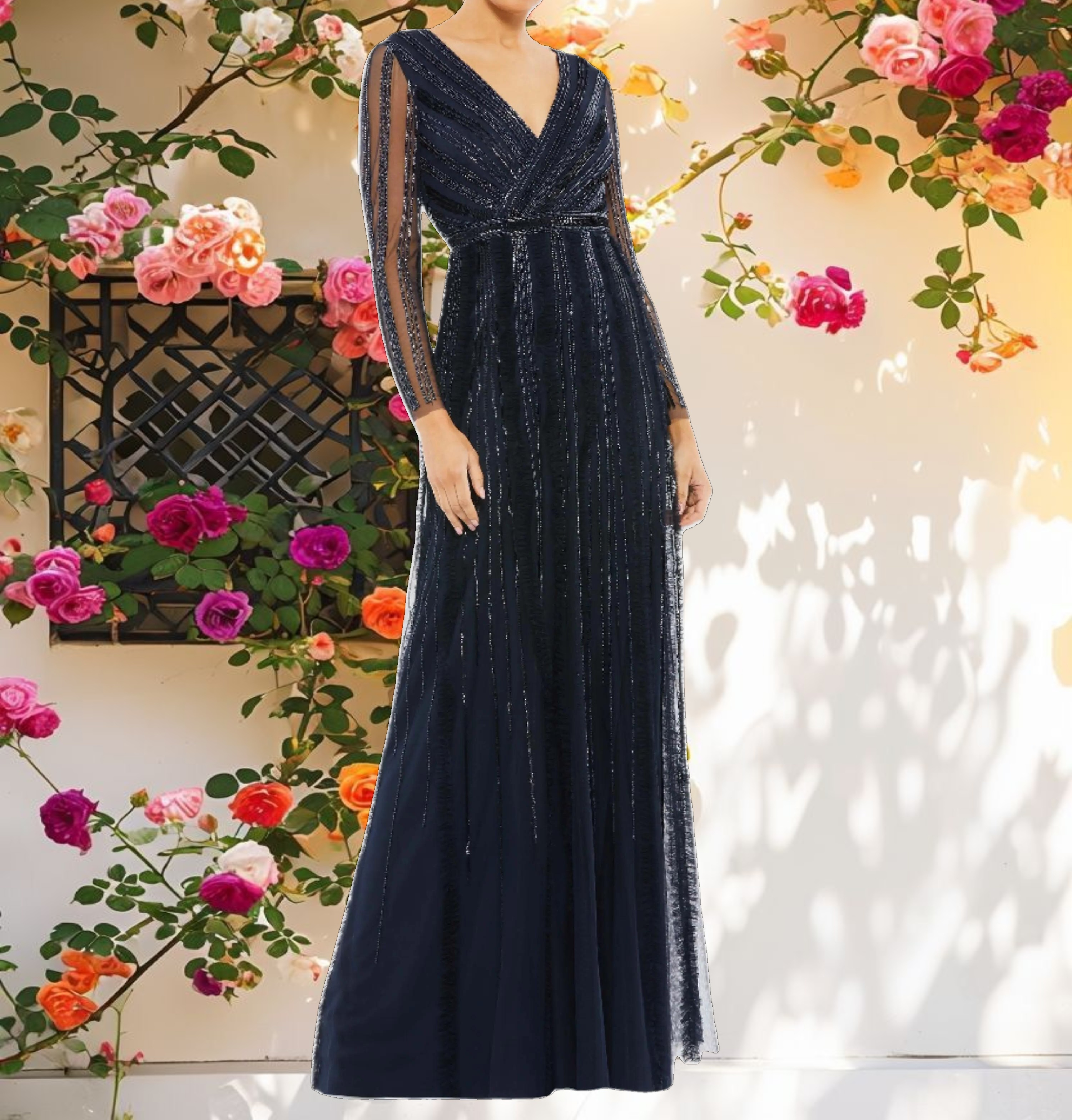 Navy Faux Wrap Illusion Long Sleeve Gown