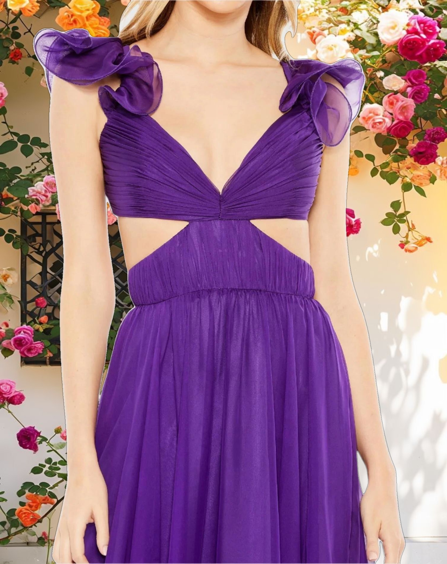 Purple Ruched Ruffled Shoulder Cut Out Lace Up Gown