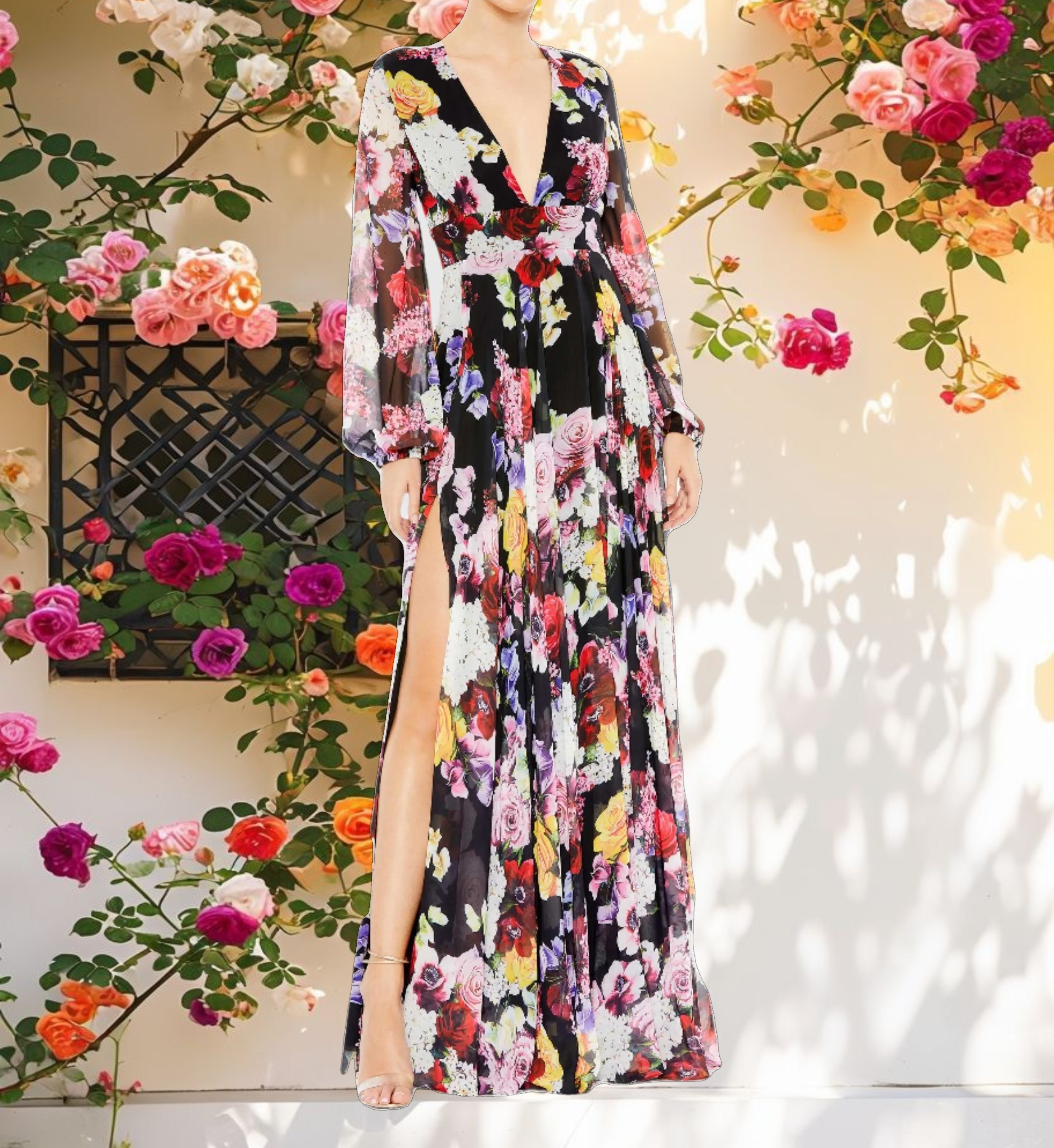 Floral Pattern Long Sleeve V Neck Dress