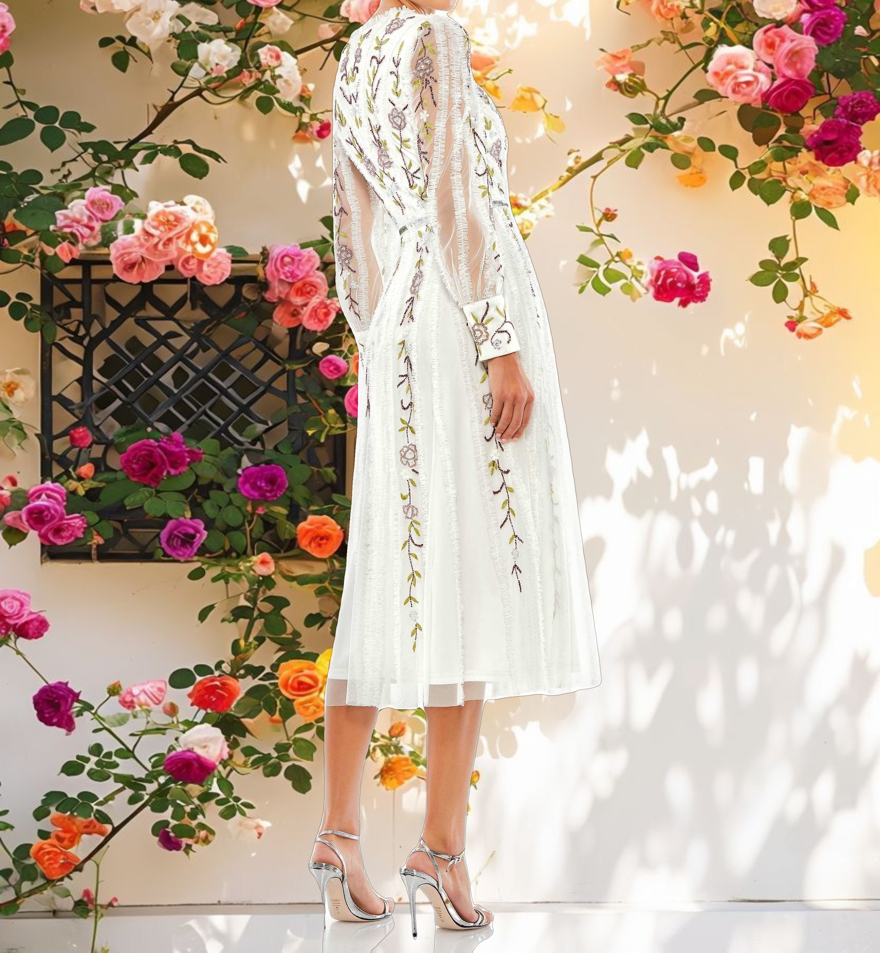 White Long Sleeve Embroidered Wrap Midi Dress