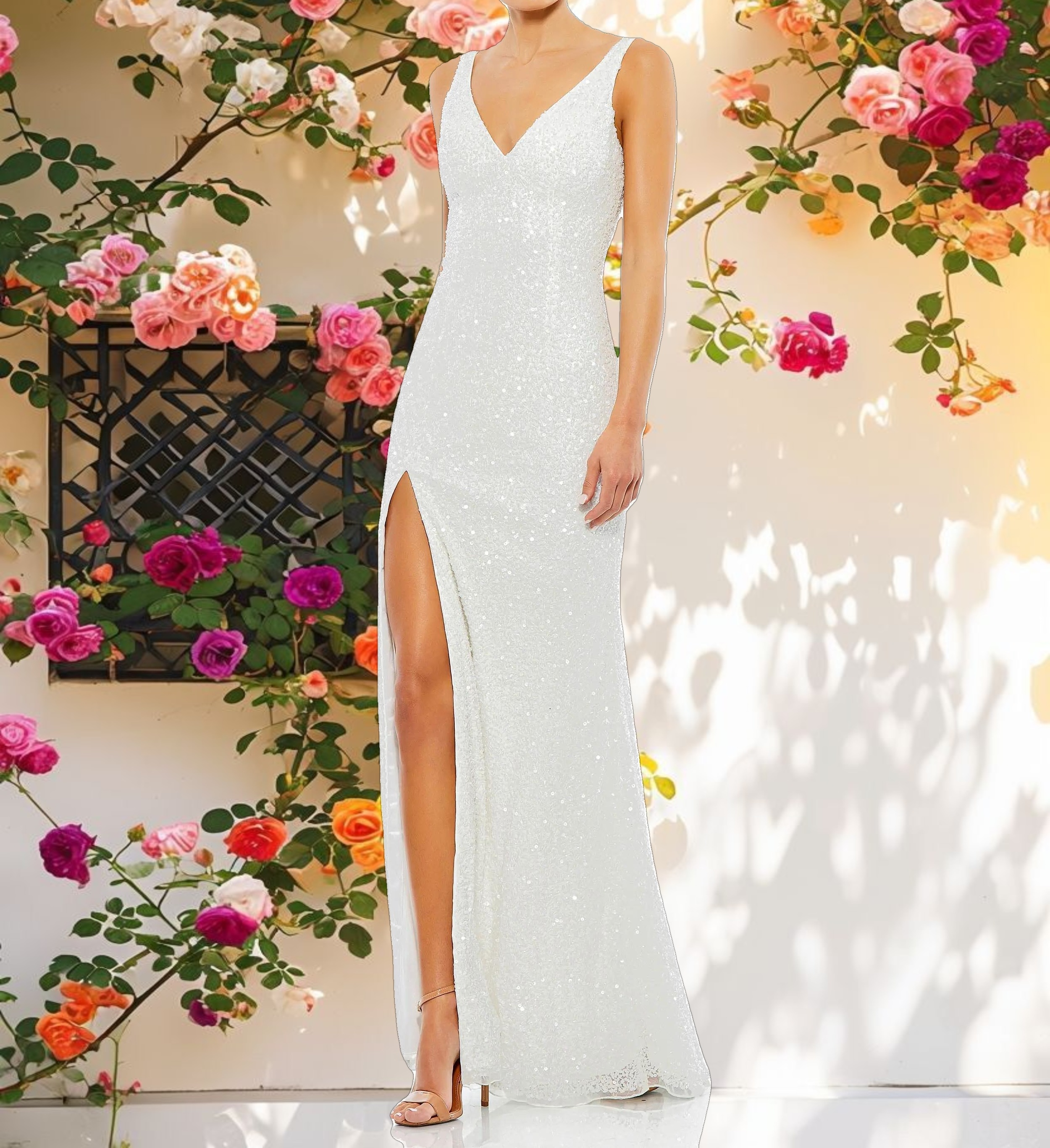 White Sequined Sleeveless V Neck Side Slit Gown