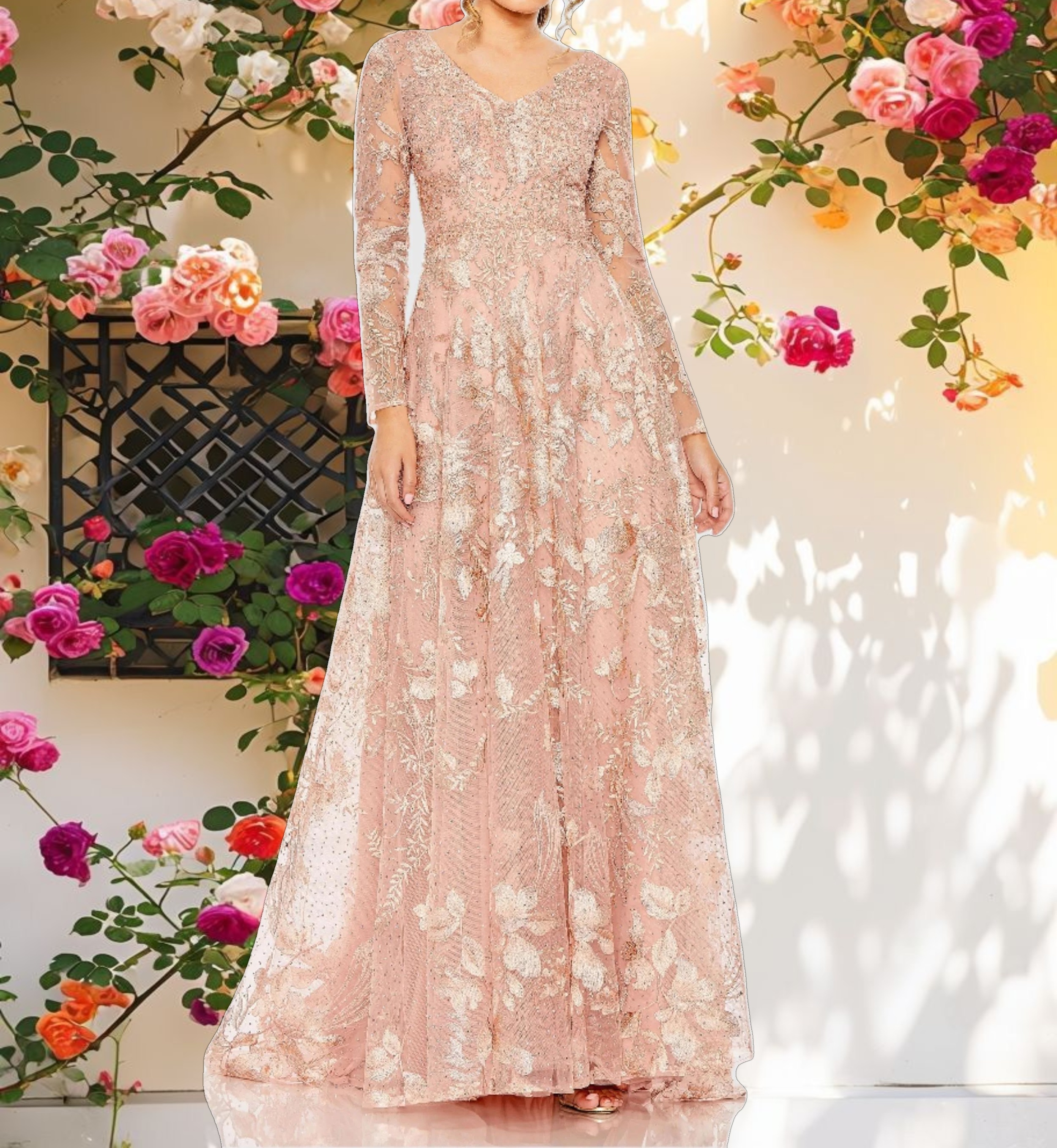 Floral Decorated Long Sleeve V Neck A Line Dress