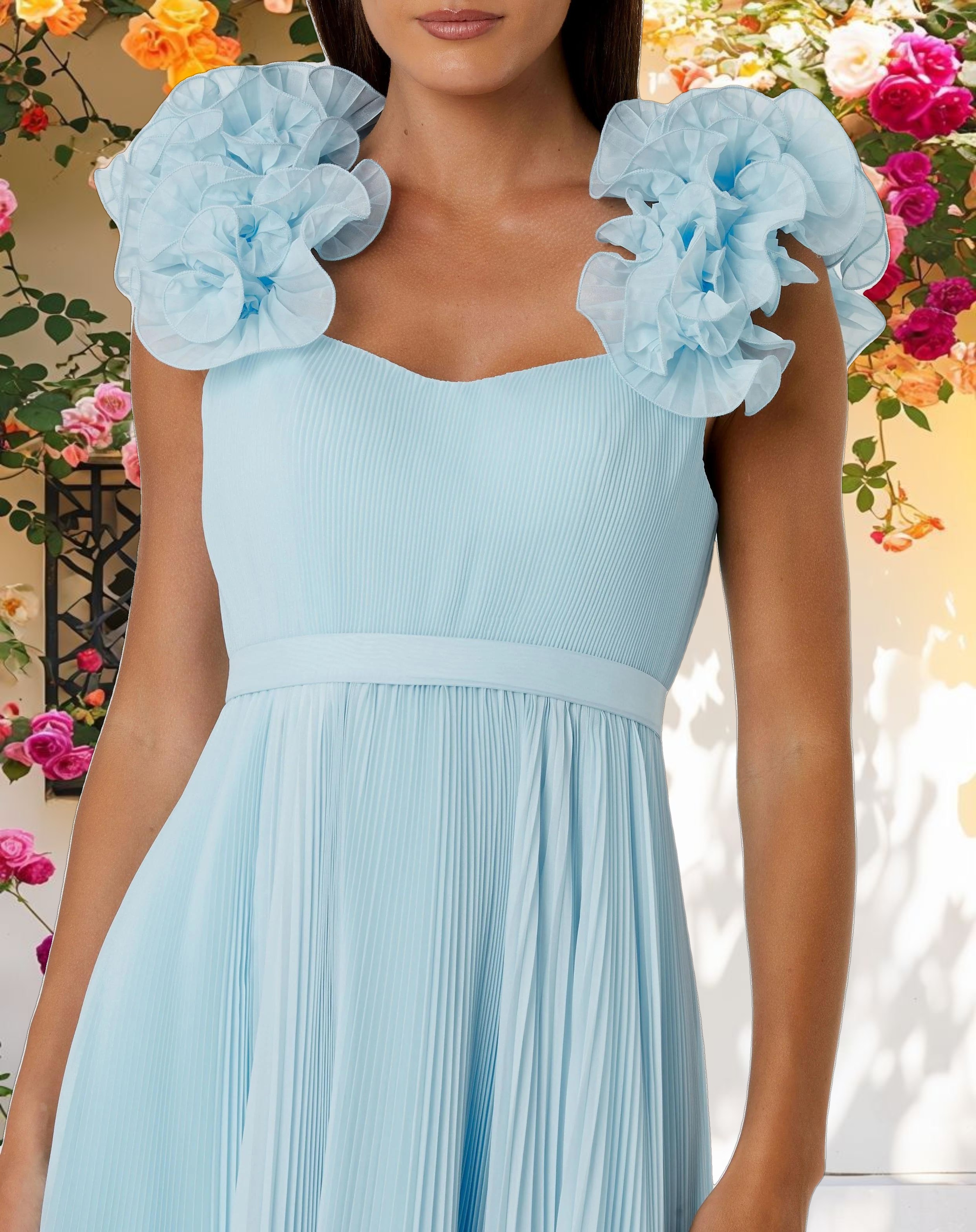 Blue Pleated Organza Gown With Ruffle Straps