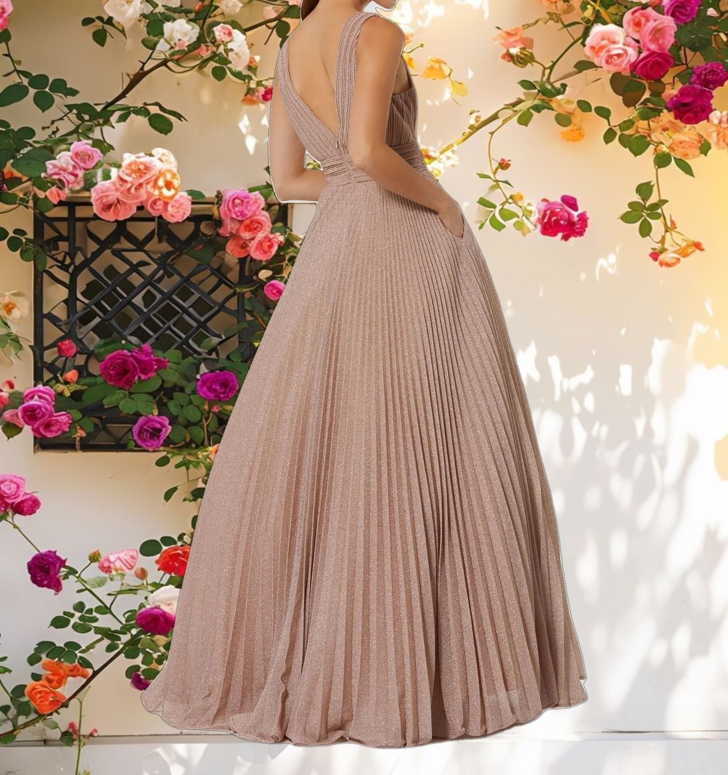 Pink Shimmering Pleated Sleeveless Gown