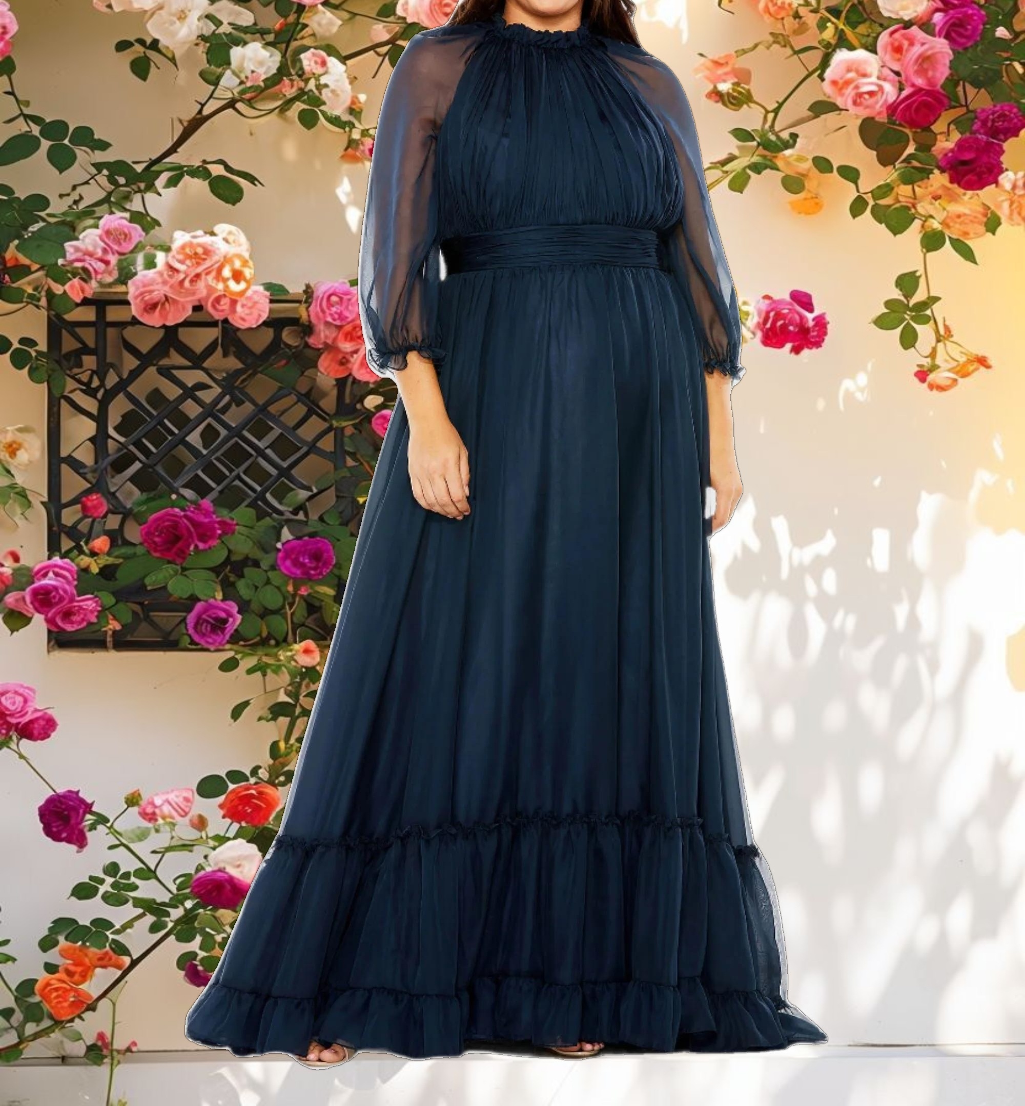 Navy High Neck Puff Sleeve Tiered A Line Gown