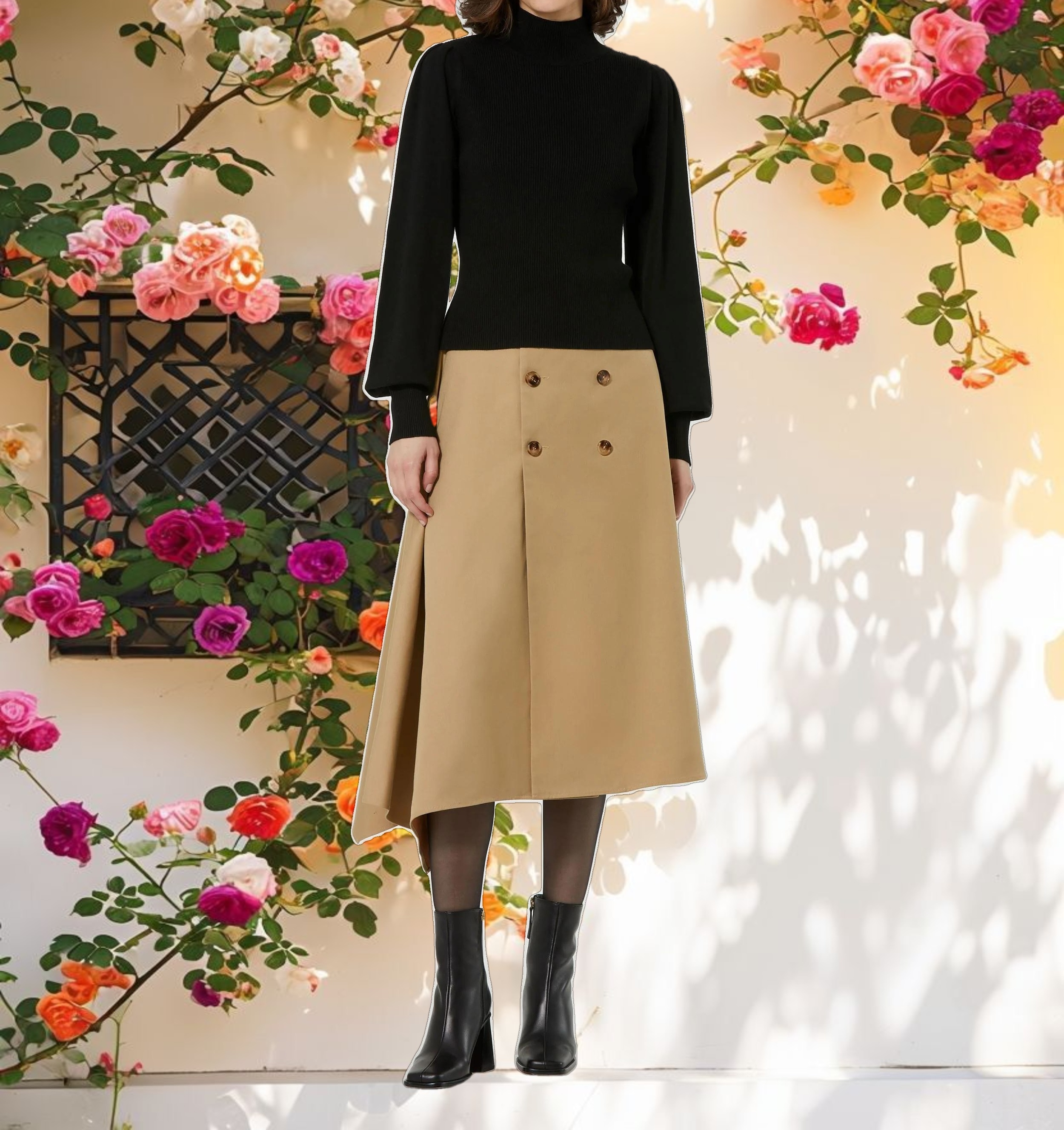 Ribbed Knit Balloon Sleeve Turtle Neck Sweater