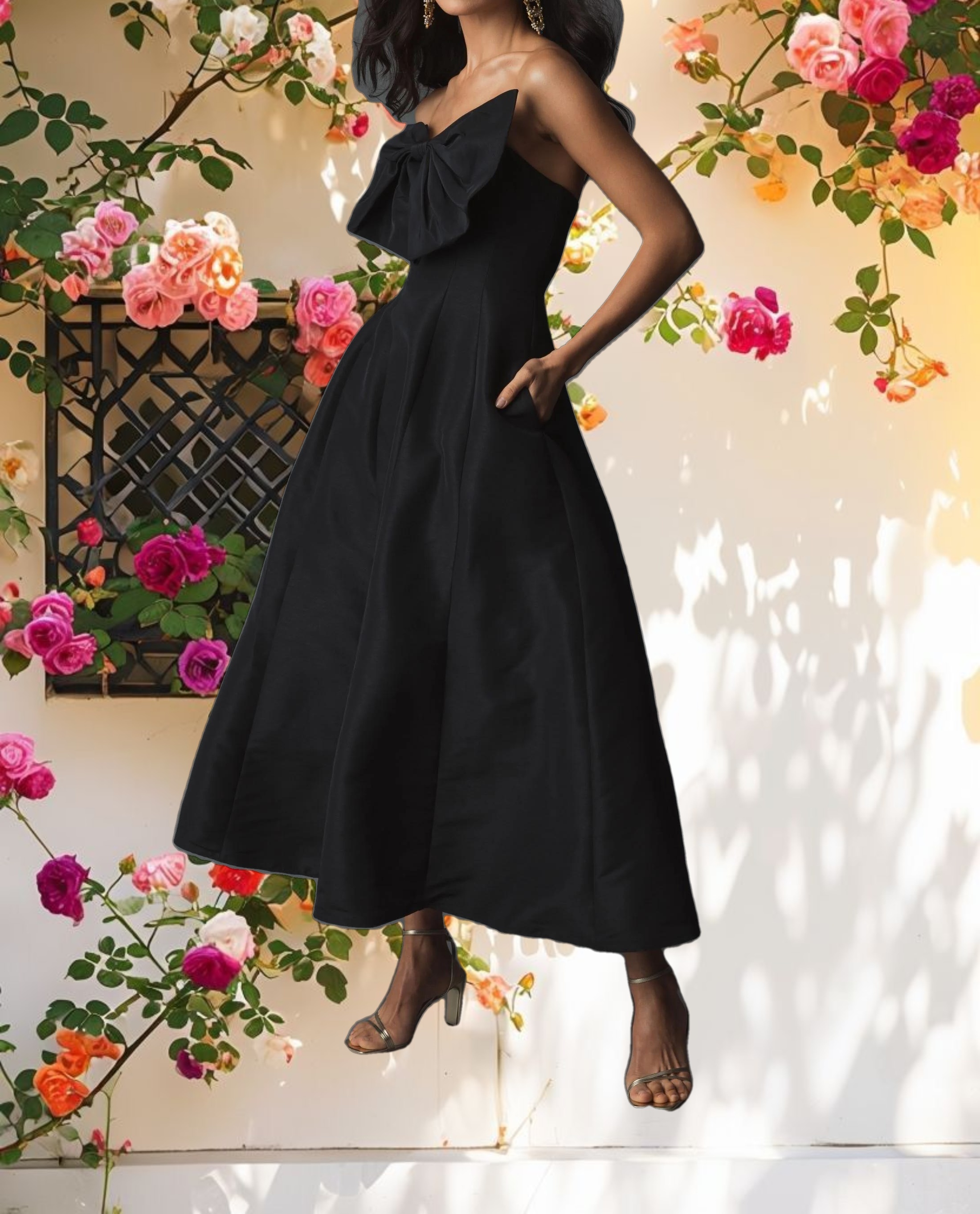 Statement Bow A Line Tea Length Dress