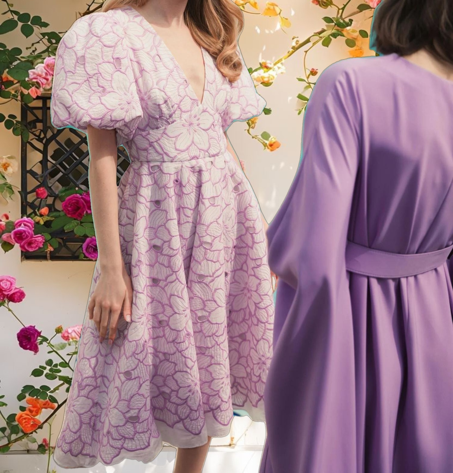 Multicolor Embroidered Floral Puff Sleeve Midi Dress