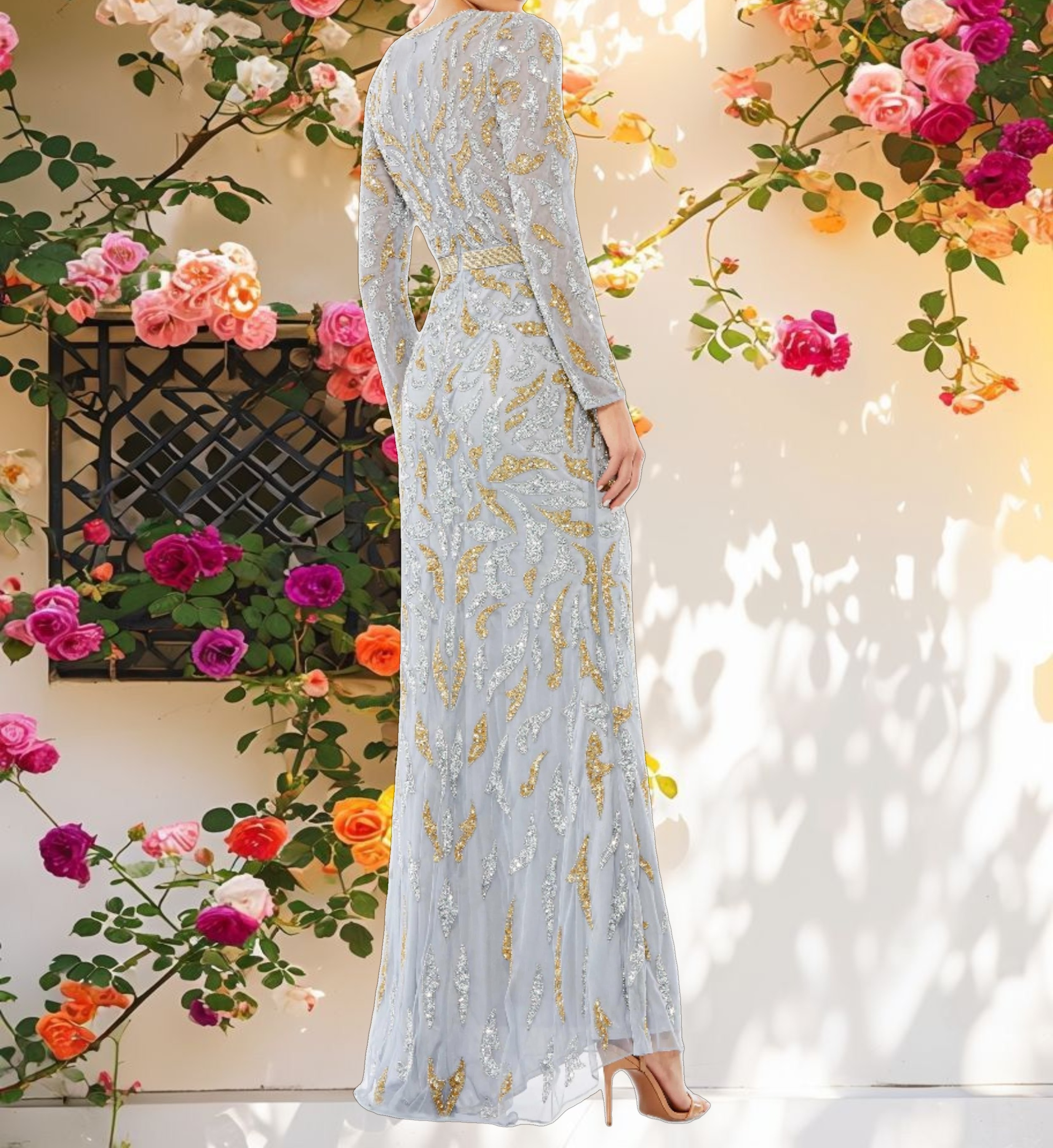 Beaded Long Sleeve Evening Gown