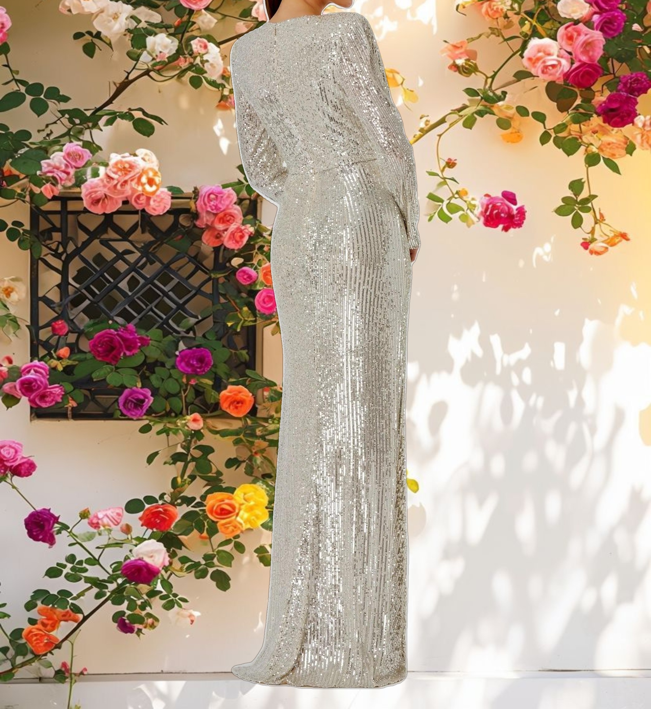 Silver Sequined Long Sleeve Faux Wrap Ruched Gown