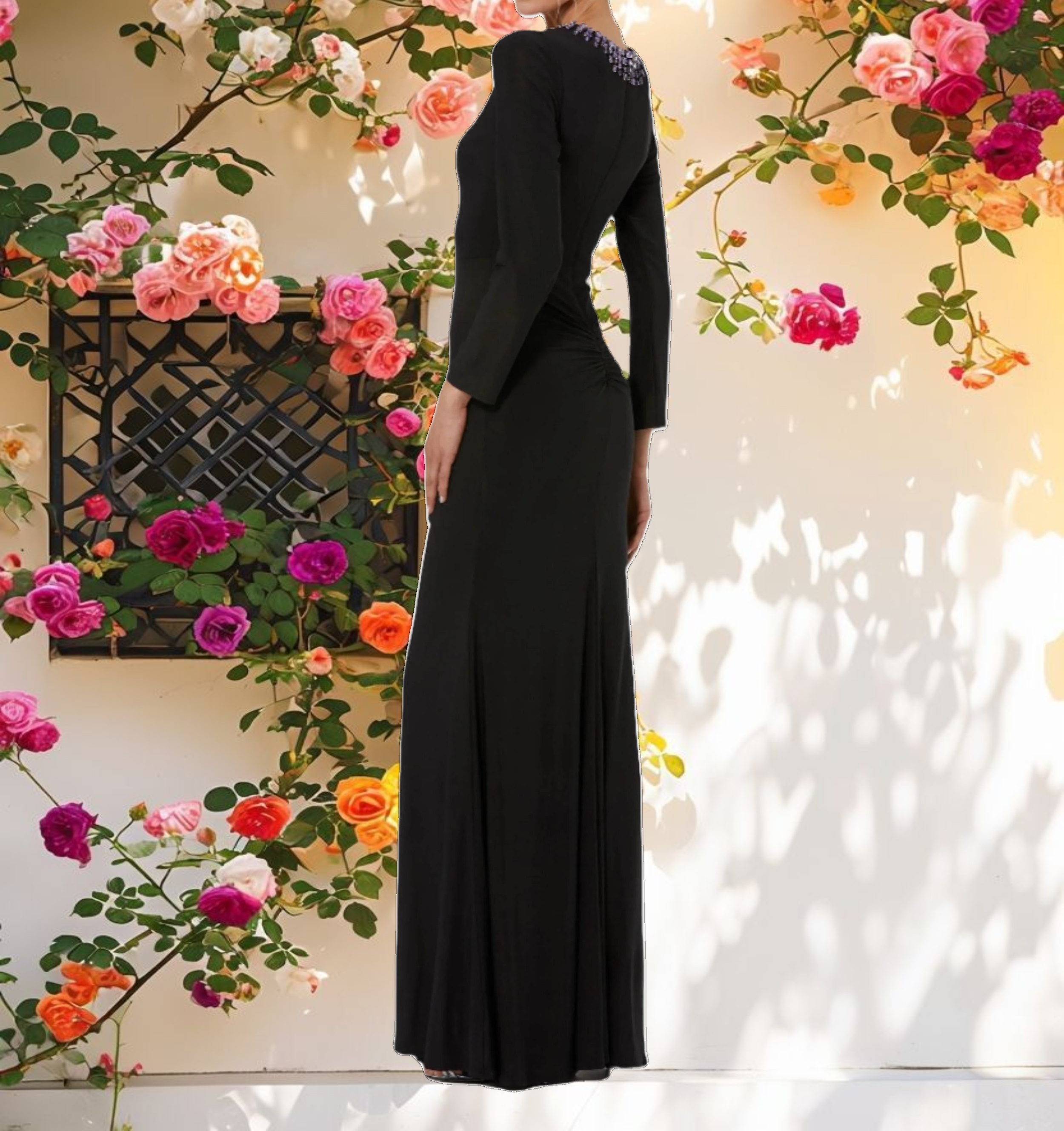Black Long Sleeve Jersey Ruched Gown With Beaded Neck