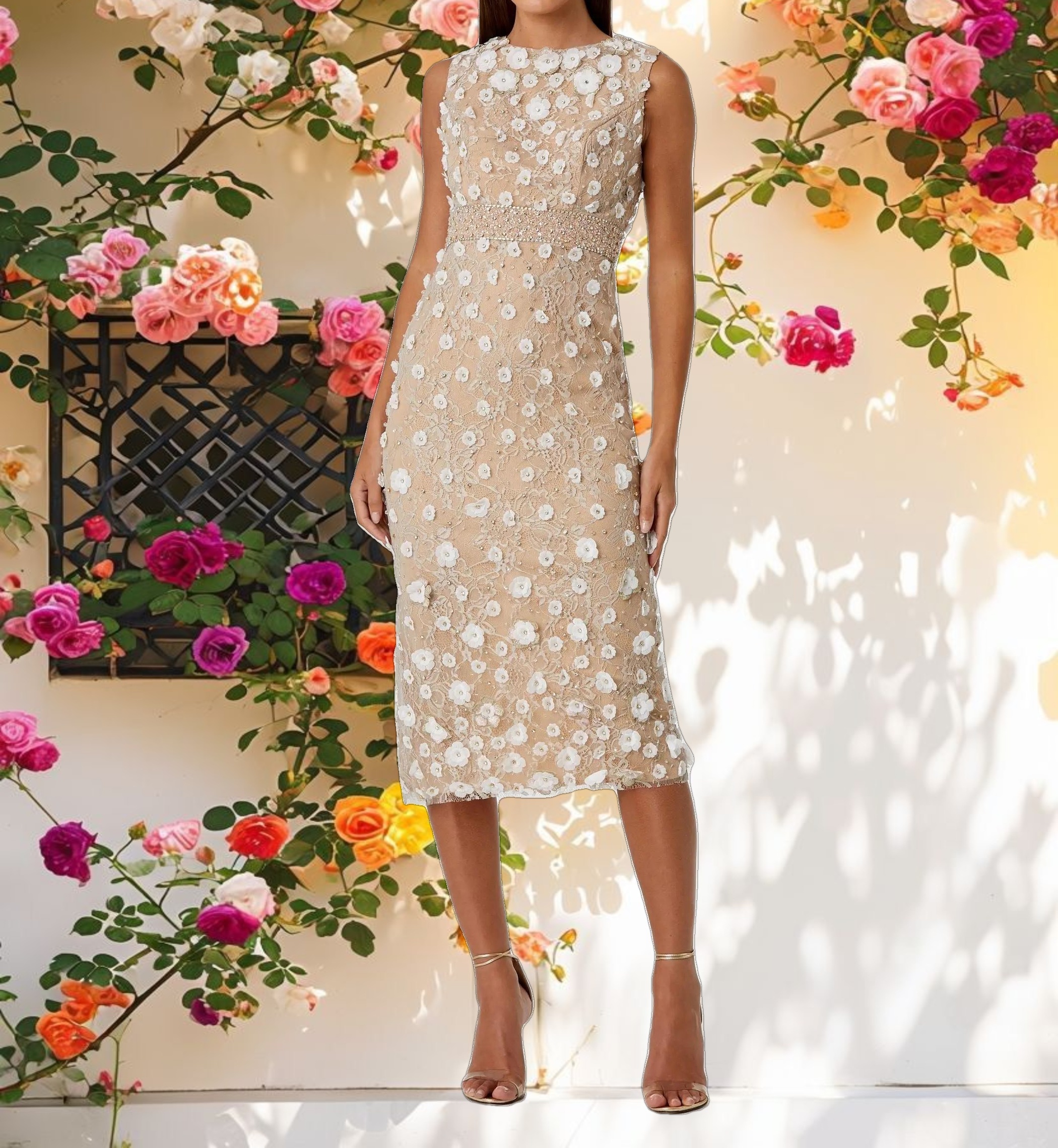 Floral Applique Sleeveless Midi Dress
